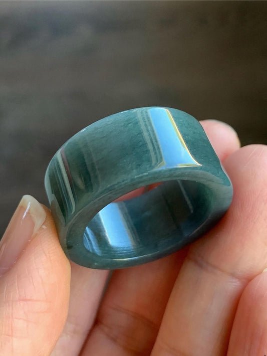 Natural Guatemalan Icy Translucent Dark Dusty Blue Jadeite Wide Banzhi Band Ring Size 12.5 12g 天然危淡深蓝翡翠扳指戒圈