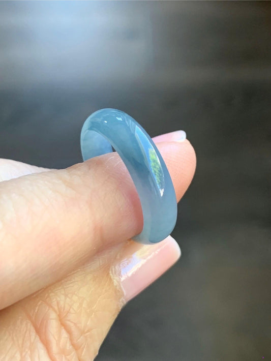 Natural Guatemalan Icy Translucent Gelatinous Light Dusty Blue & Purple Marbled Jadeite Wide Band Ring Sz 6.5 天然冰危蓝紫飘花翡翠戒圈 LZW531B