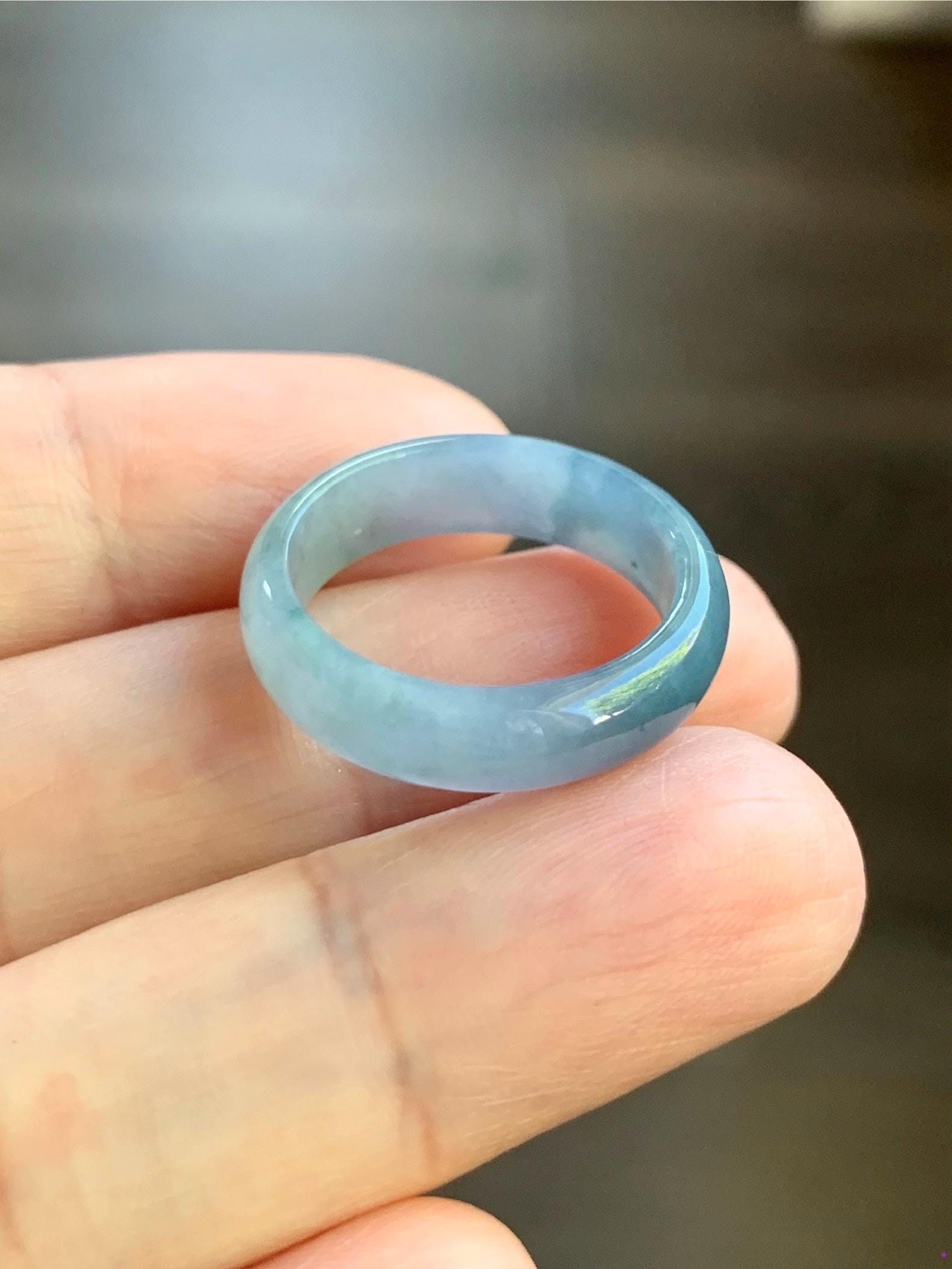 Natural Guatemalan Icy Translucent Gelatinous Light Dusty Blue & Purple Marbled Jadeite Wide Band Ring Sz 6.5 天然冰危蓝紫飘花翡翠戒圈 LZW531A