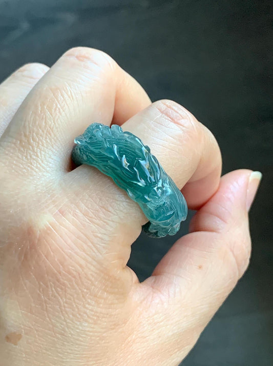 Certified Natural Guatemalan Premium Icy Translucent Teal Blue Jadeite Engraved Dragon Band Ring size 13 US 11.84g 天然冰胶起光危深蓝飘绿花翡翠盘龙戒圈戒指 3175