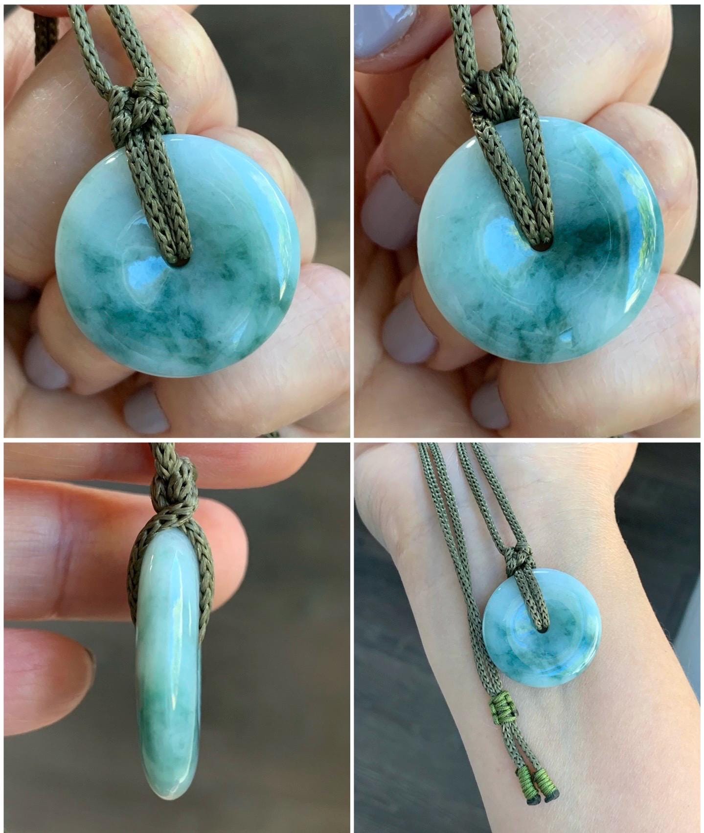 Natural Burmese Icy Translucent Light Green Teal Green Marbled Jadeite Ping An Kou Donut Pendant Rope Necklace 25” 天然缅甸糯冰飘蓝花翡翠平安扣吊坠