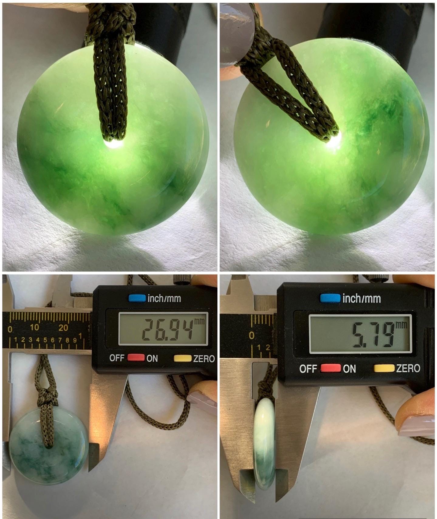 Natural Burmese Icy Translucent Light Green Teal Green Marbled Jadeite Ping An Kou Donut Pendant Rope Necklace 25” 天然缅甸糯冰飘蓝花翡翠平安扣吊坠