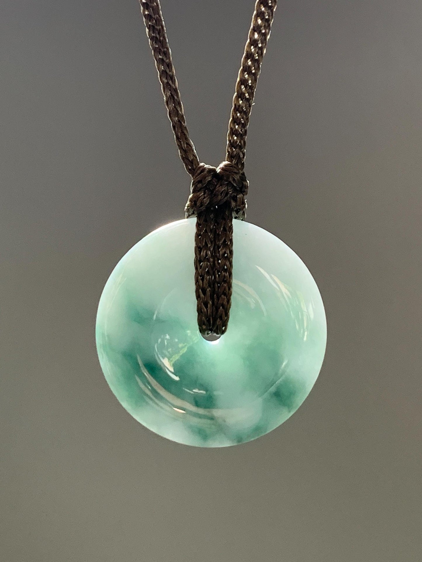 Natural Burmese Icy Translucent Light Green Teal Green Marbled Jadeite Ping An Kou Donut Pendant Rope Necklace 25” 天然缅甸糯冰飘蓝花翡翠平安扣吊坠