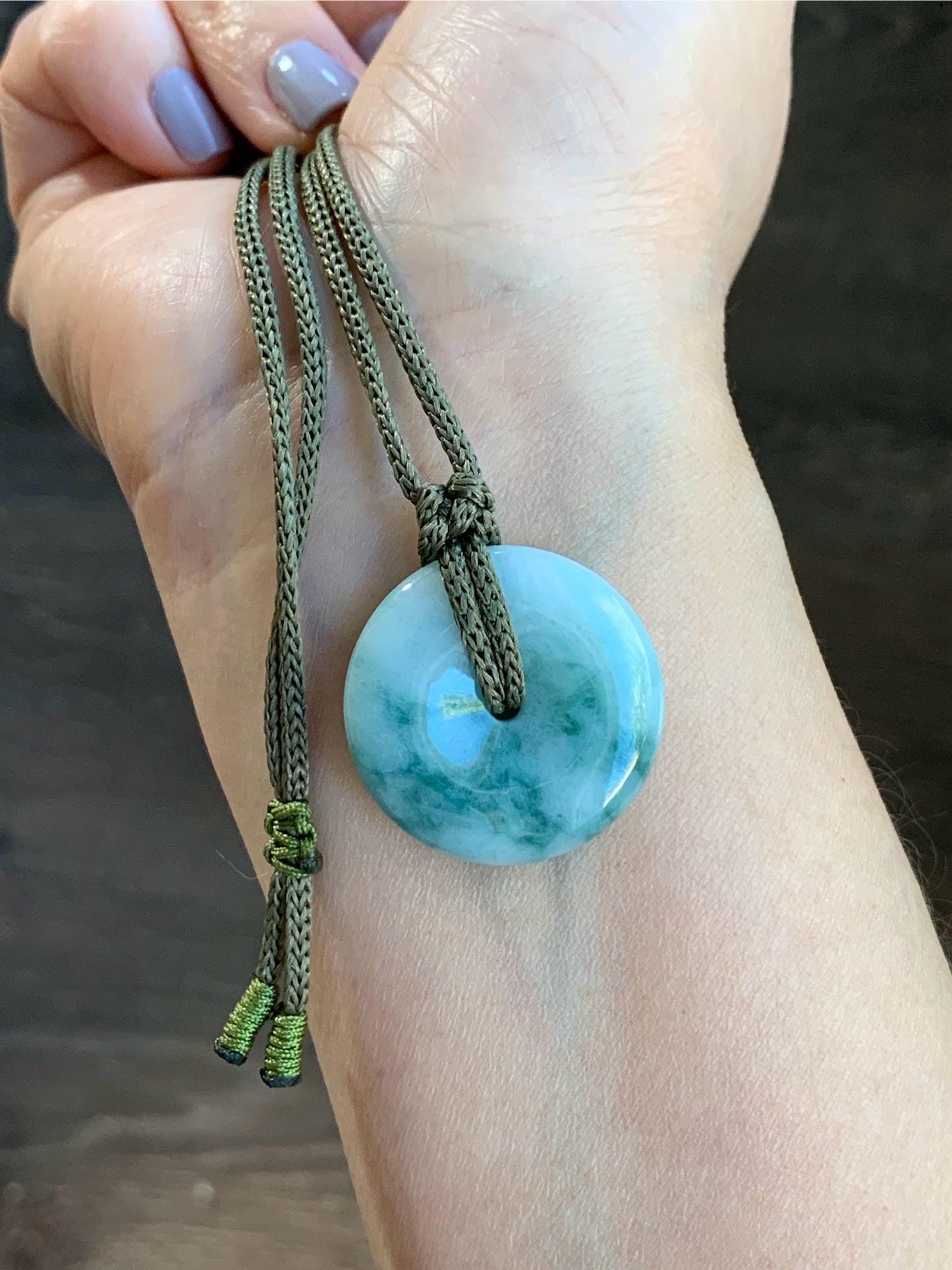 Natural Burmese Icy Translucent Light Green Teal Green Marbled Jadeite Ping An Kou Donut Pendant Rope Necklace 25” 天然缅甸糯冰飘蓝花翡翠平安扣吊坠