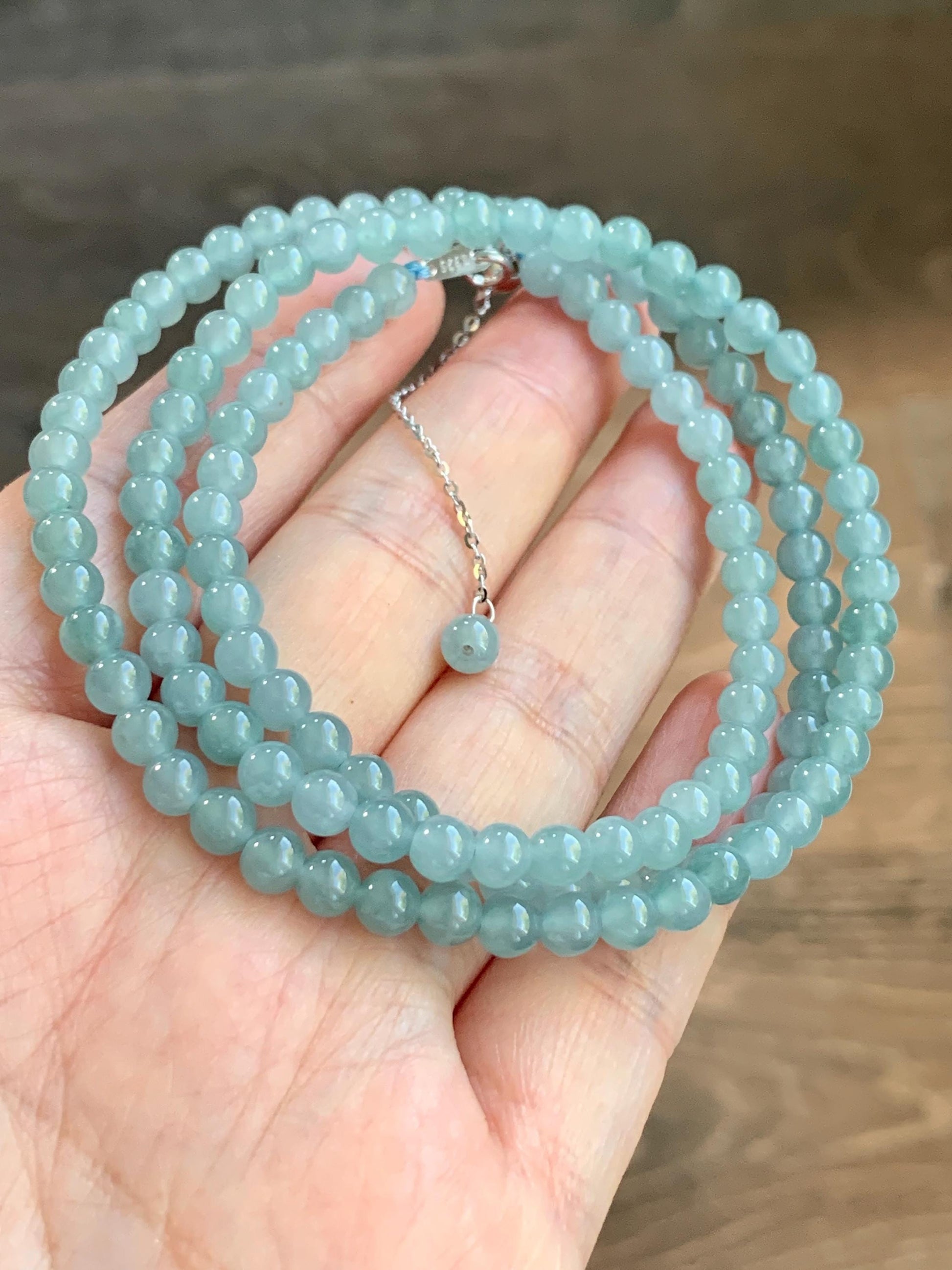 Natural Guatemalan Icy Translucent Light Dusty Blue Jadeite Beaded Necklace Sterling Silver 23” 4.9mm 23g 天然冰危淡蓝翡翠项链 XWB220