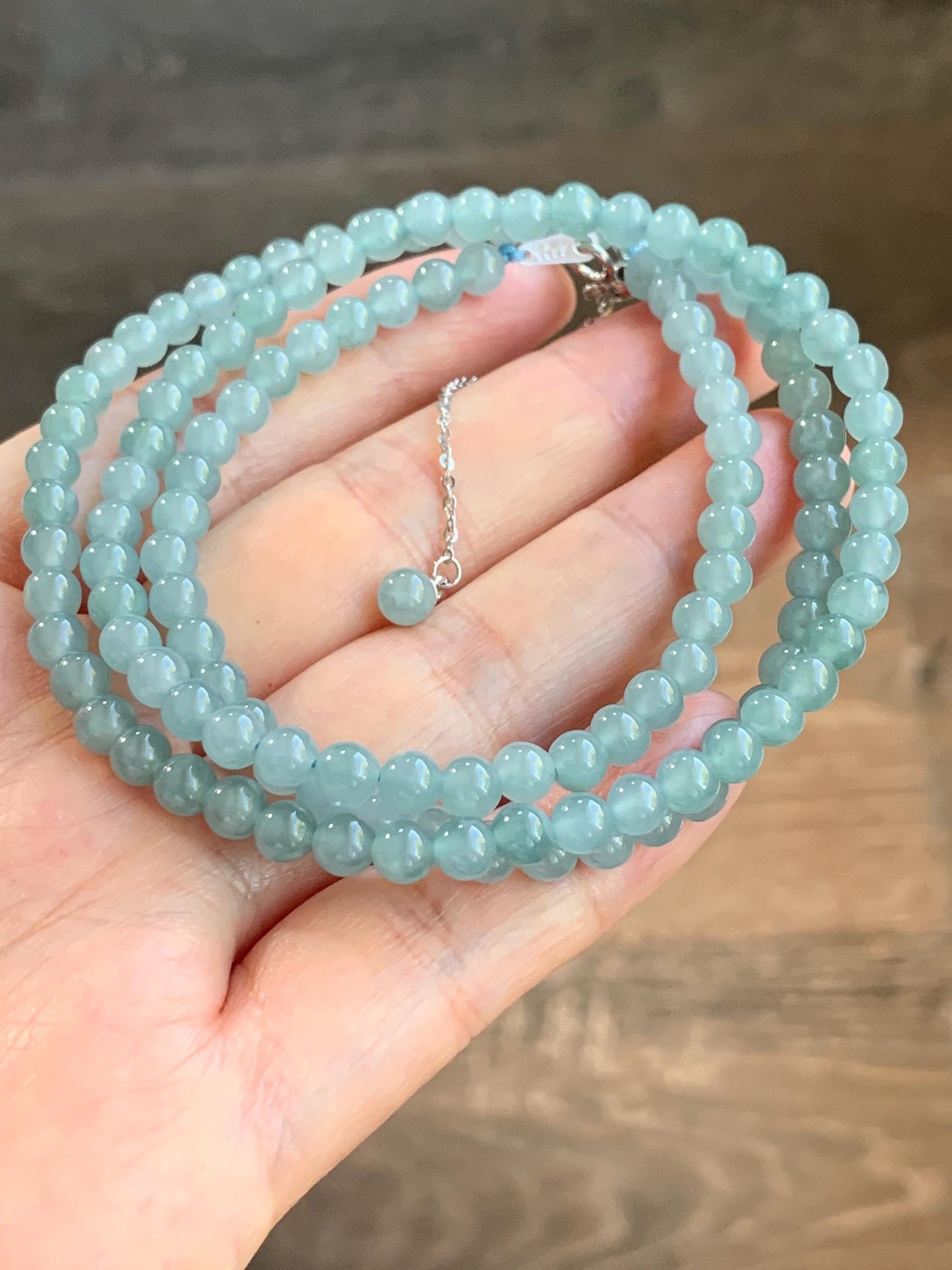 Natural Guatemalan Icy Translucent Light Dusty Blue Jadeite Beaded Necklace Sterling Silver 23” 4.9mm 23g 天然冰危淡蓝翡翠项链 XWB220