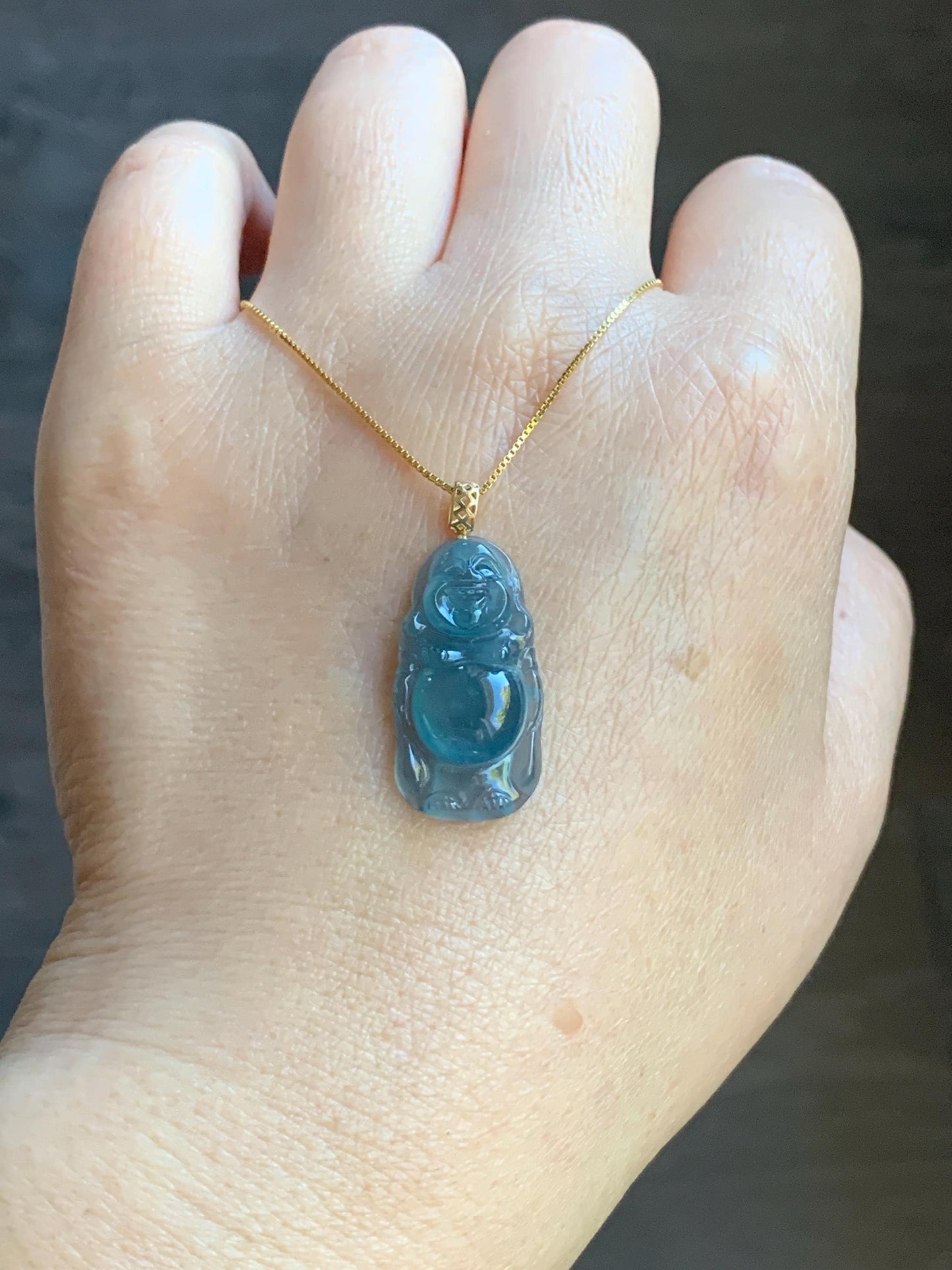 Petite Natural Guatemalan Premium Icy Highly Translucent Indigo Blue Jadeite Standing Buddha Pendant 18K Yellow Gold 天然冰危蓝起光翡翠站佛公镶嵌吊坠 A