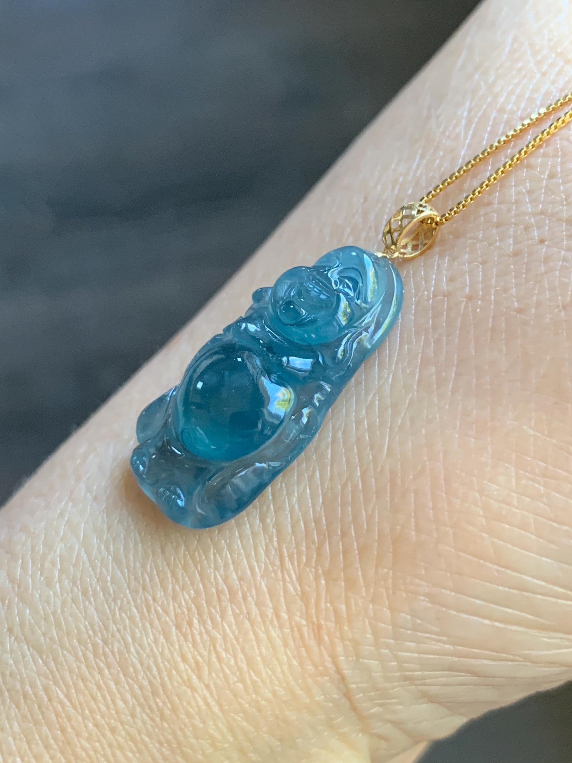 Petite Natural Guatemalan Premium Icy Highly Translucent Indigo Blue Jadeite Standing Buddha Pendant 18K Yellow Gold 天然冰危蓝起光翡翠站佛公镶嵌吊坠 A