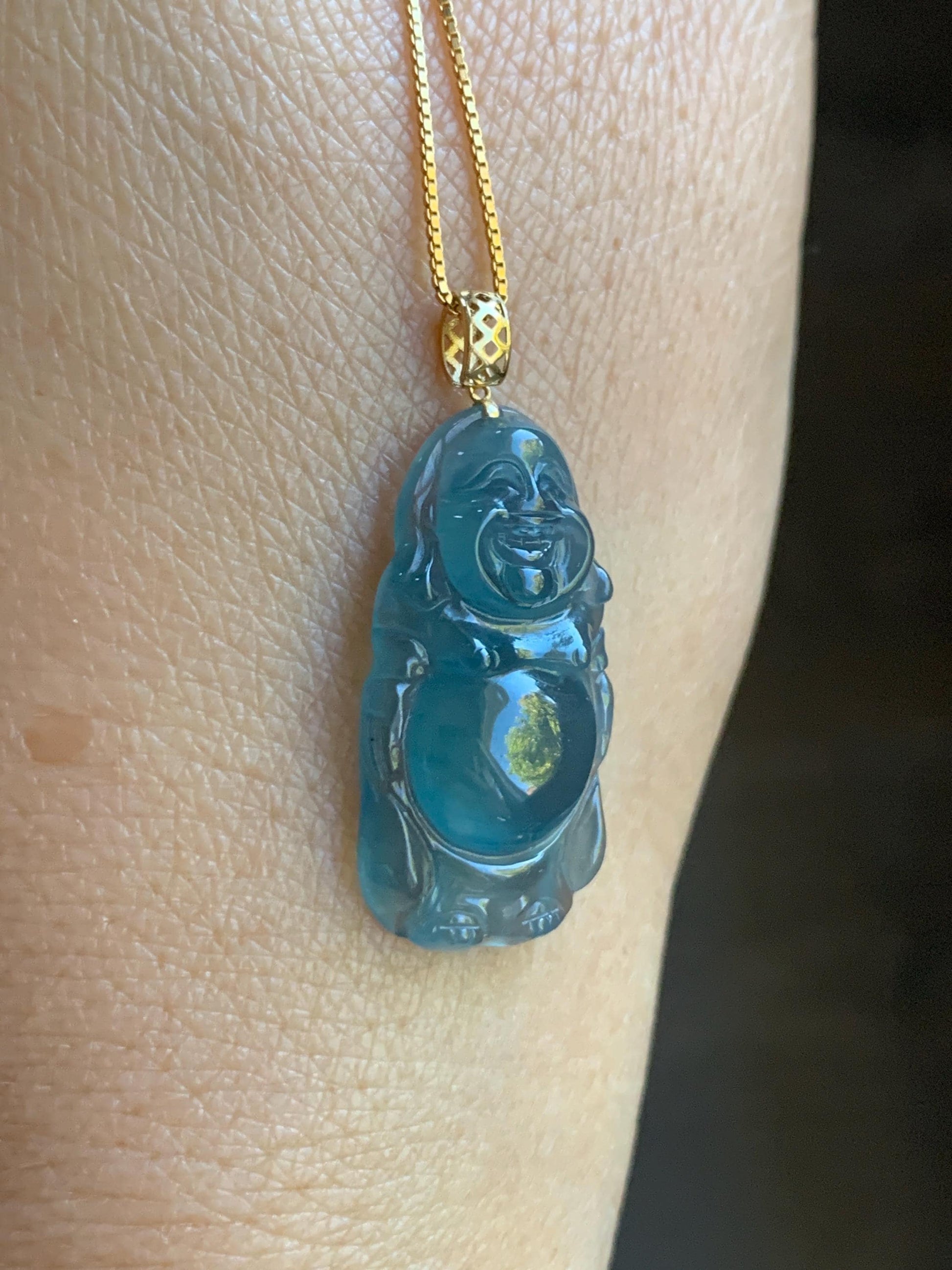 Petite Natural Guatemalan Premium Icy Highly Translucent Indigo Blue Jadeite Standing Buddha Pendant 18K Yellow Gold 天然冰危蓝起光翡翠站佛公镶嵌吊坠 A