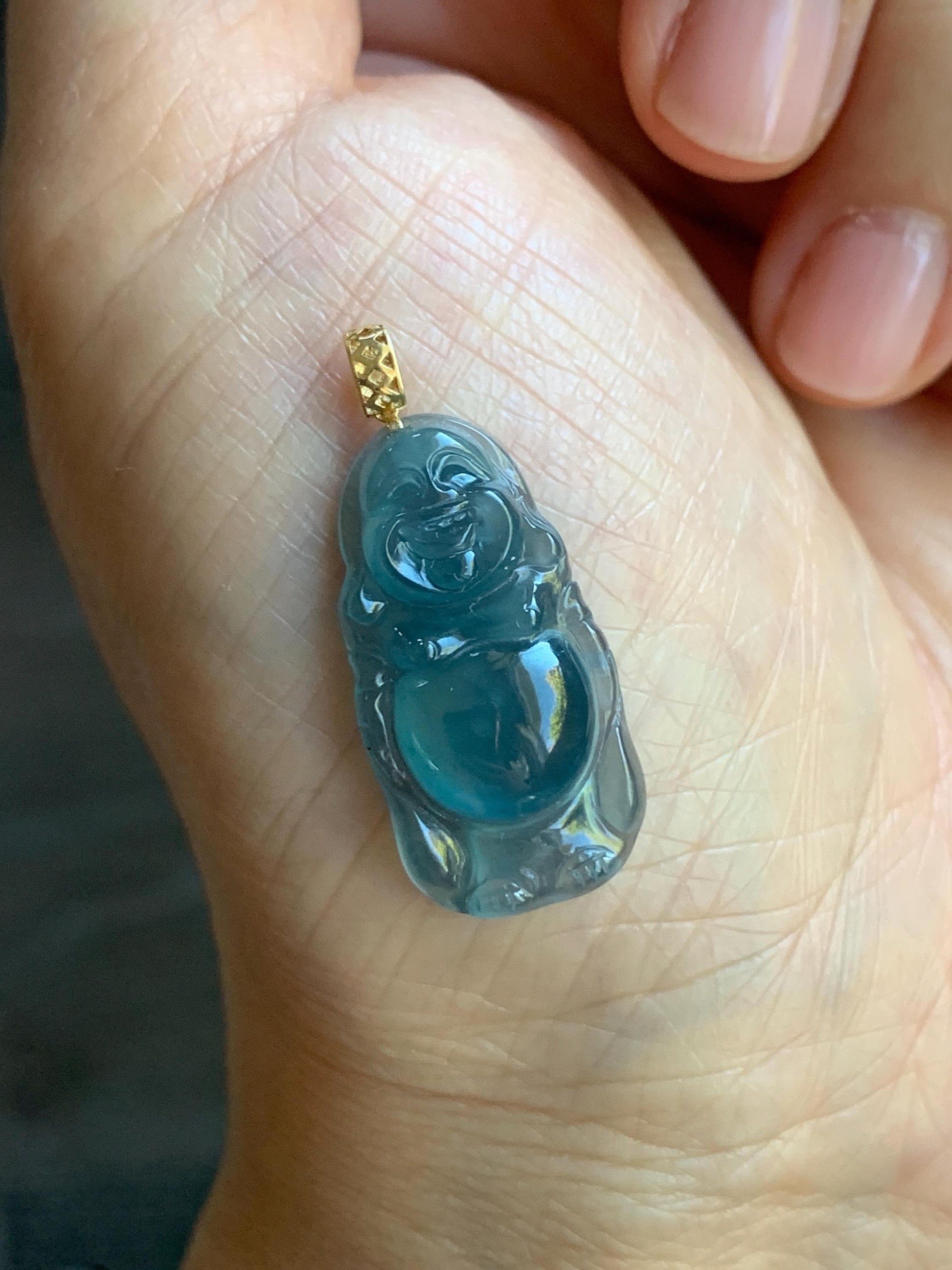 Petite Natural Guatemalan Premium Icy Highly Translucent Indigo Blue Jadeite Standing Buddha Pendant 18K Yellow Gold 天然冰危蓝起光翡翠站佛公镶嵌吊坠 A