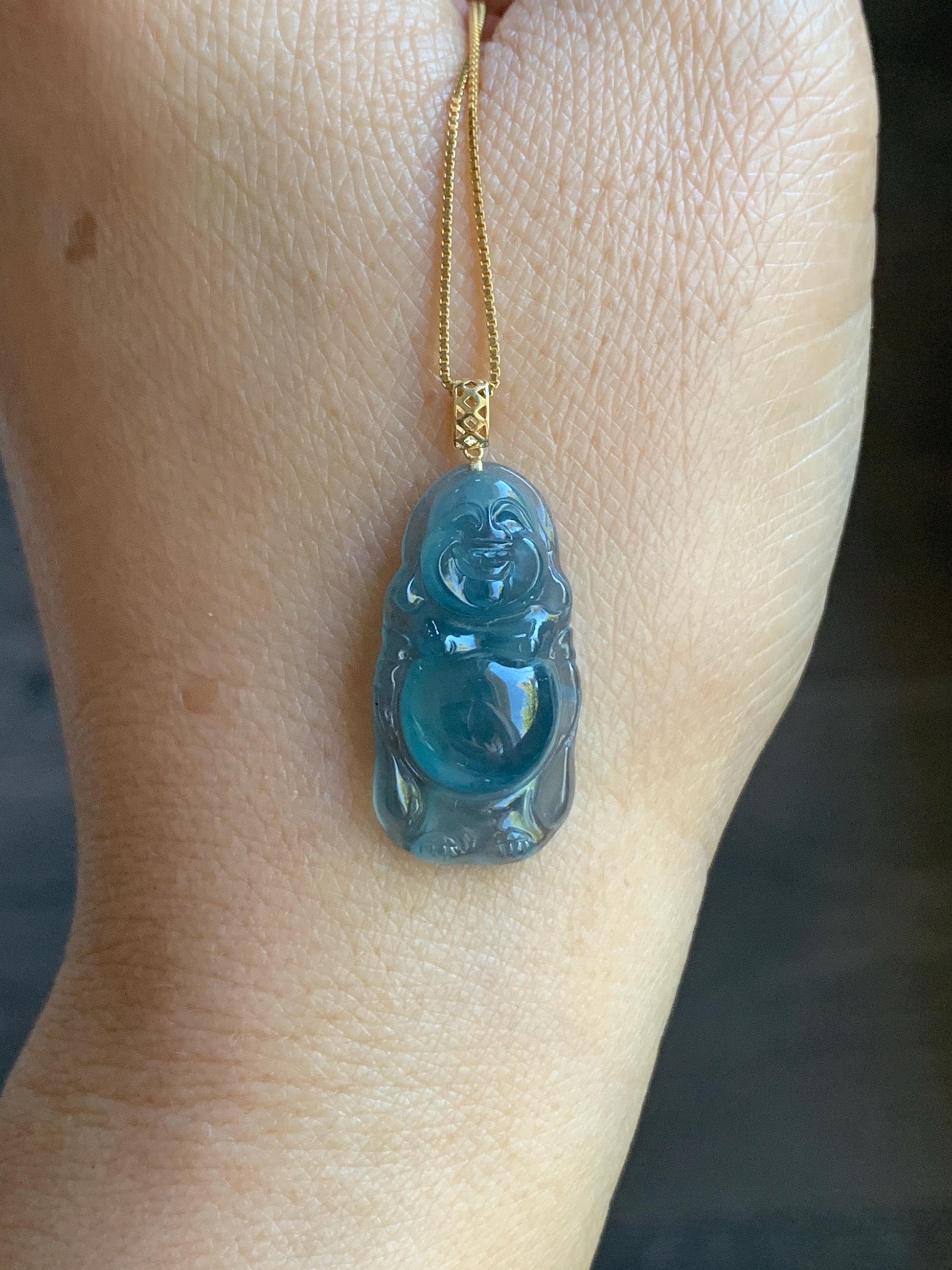 Petite Natural Guatemalan Premium Icy Highly Translucent Indigo Blue Jadeite Standing Buddha Pendant 18K Yellow Gold 天然冰危蓝起光翡翠站佛公镶嵌吊坠 A