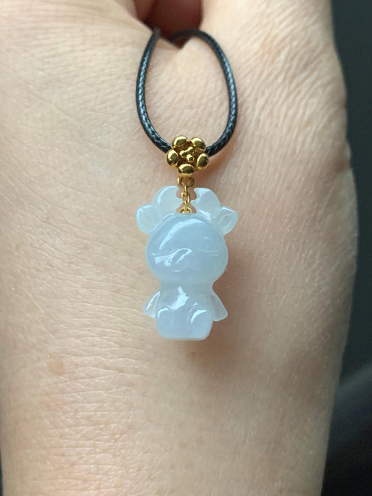 Certified Natural Burmese Icy Translucent & Gelatinous White Jadeite Carved Deer Pendant 18K Yellow Gold Cherry Blossom Bail 天然缅甸白冰翡翠小鹿镶嵌吊坠