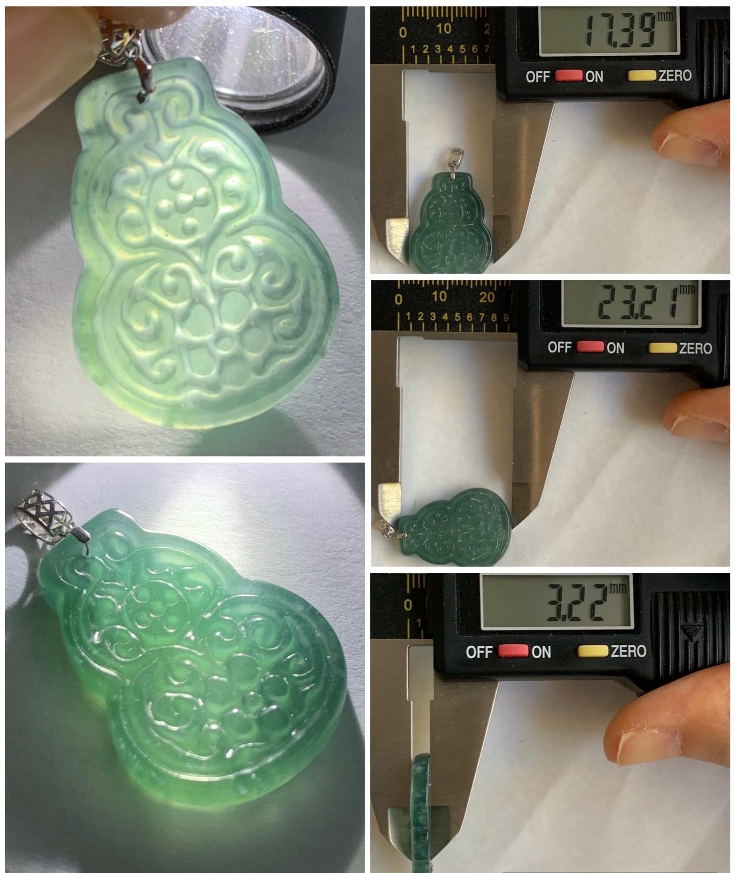 Natural Guatemalan Icy Translucent Teal Blue Jadeite Engraved Hulu Gourd Pendant 18K White Gold 3g 天然冰危蓝翡翠仿古雕葫芦镶嵌吊坠 A