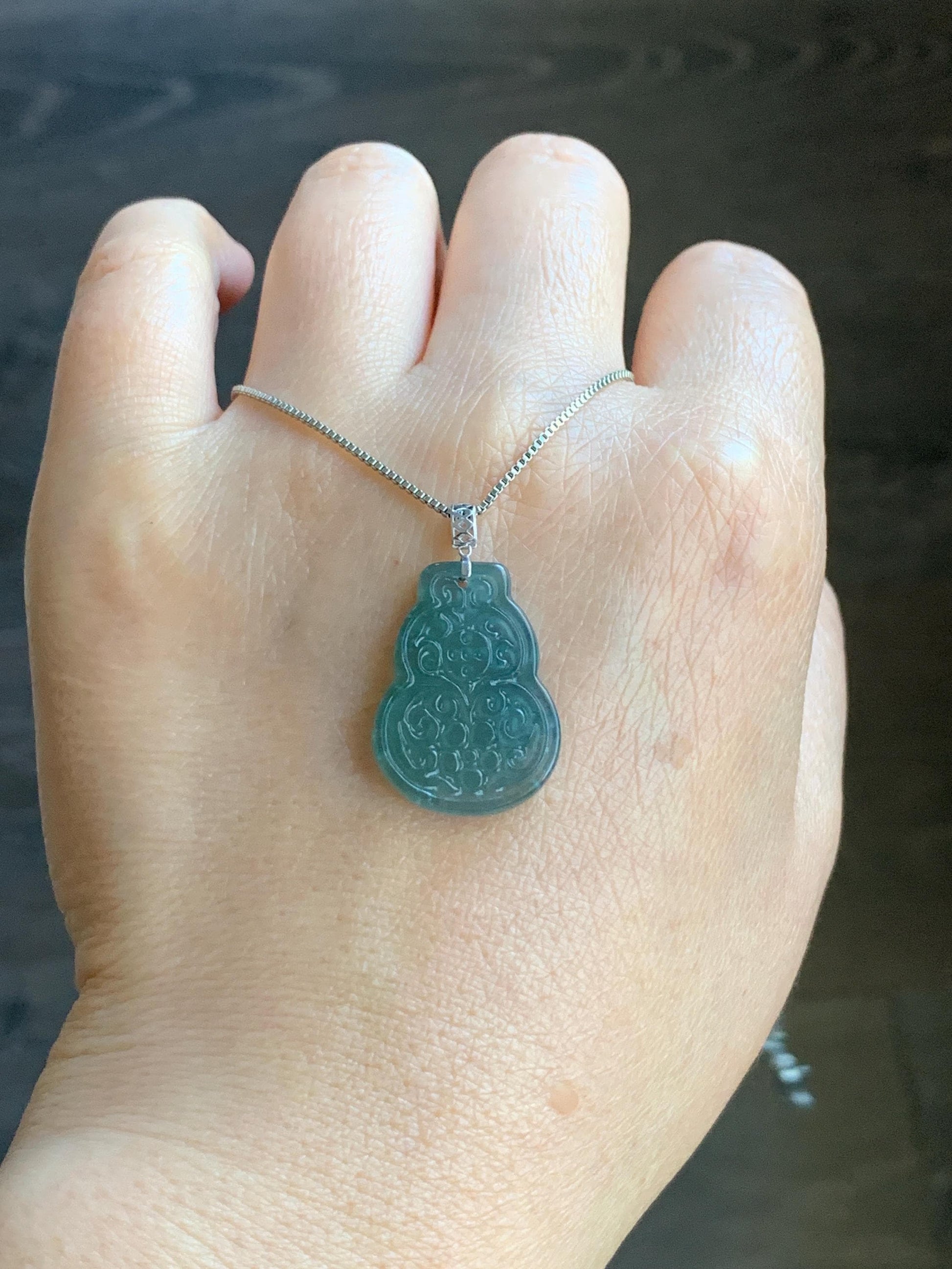 Natural Guatemalan Icy Translucent Teal Blue Jadeite Engraved Hulu Gourd Pendant 18K White Gold 3g 天然冰危蓝翡翠仿古雕葫芦镶嵌吊坠 A