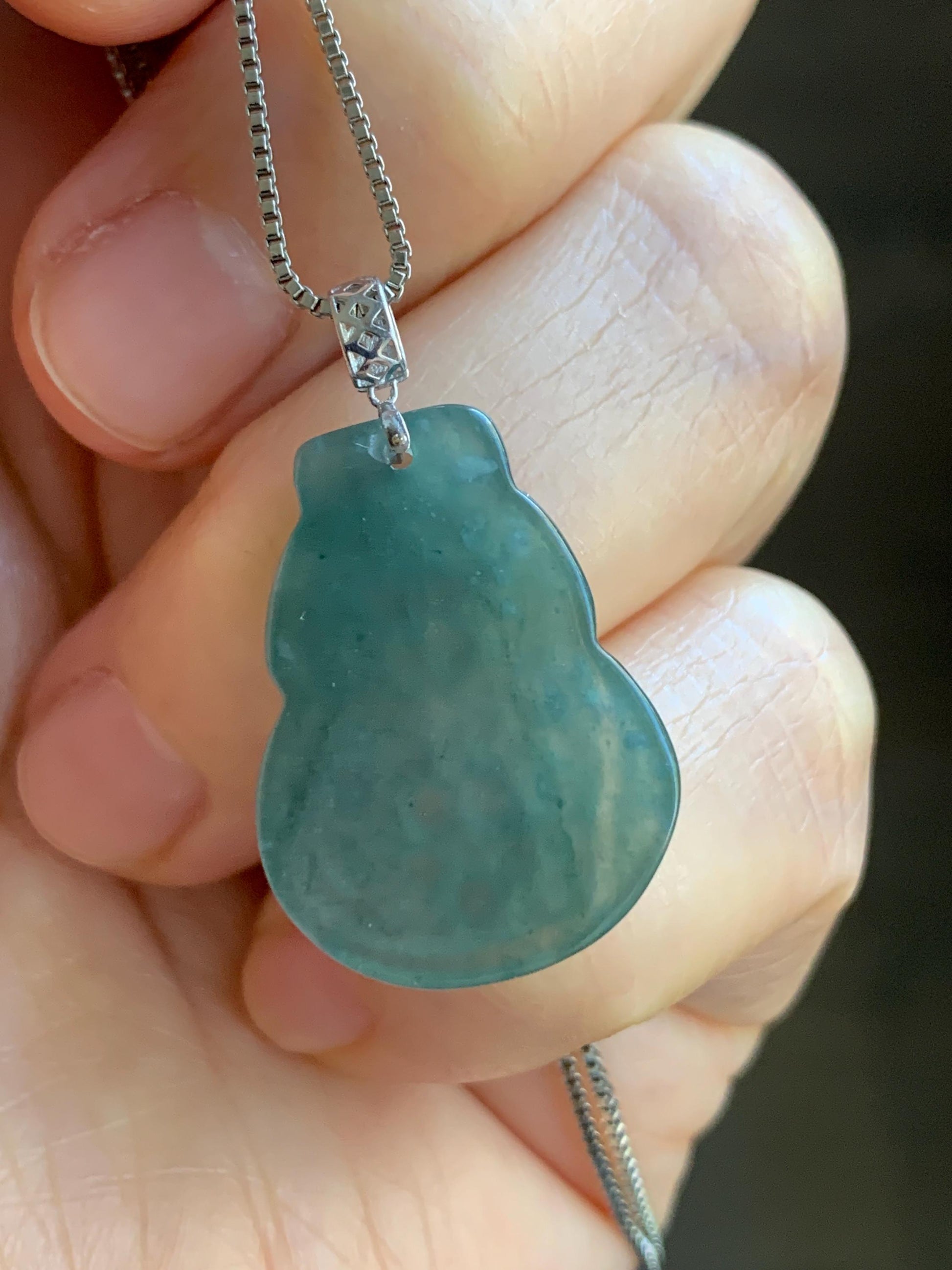 Natural Guatemalan Icy Translucent Teal Blue Jadeite Engraved Hulu Gourd Pendant 18K White Gold 3g 天然冰危蓝翡翠仿古雕葫芦镶嵌吊坠 A