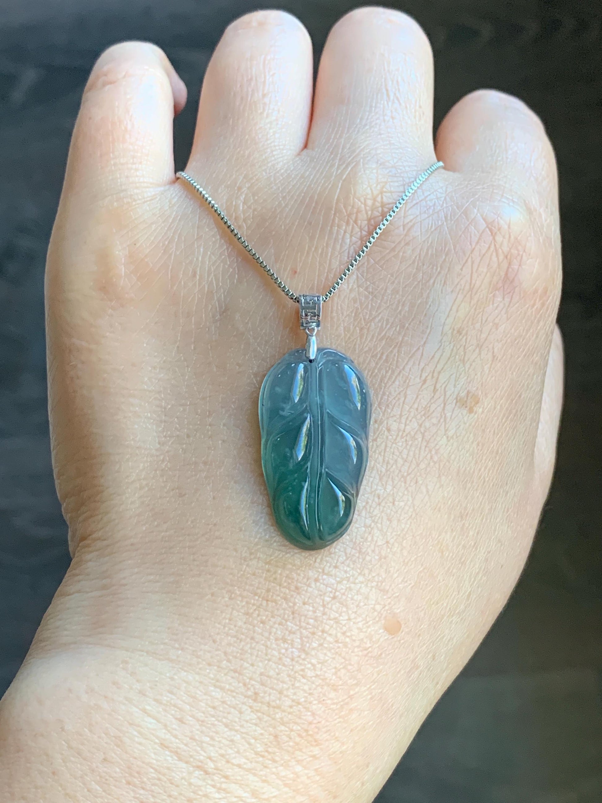 Natural Guatemalan Premium Icy Highly Translucent Light & Teal Blue Jadeite Carved Leaf Pendant 18K White Gold 5g 天然冰危蓝起光翡翠大叶有成镶嵌吊坠 HLZ825Y