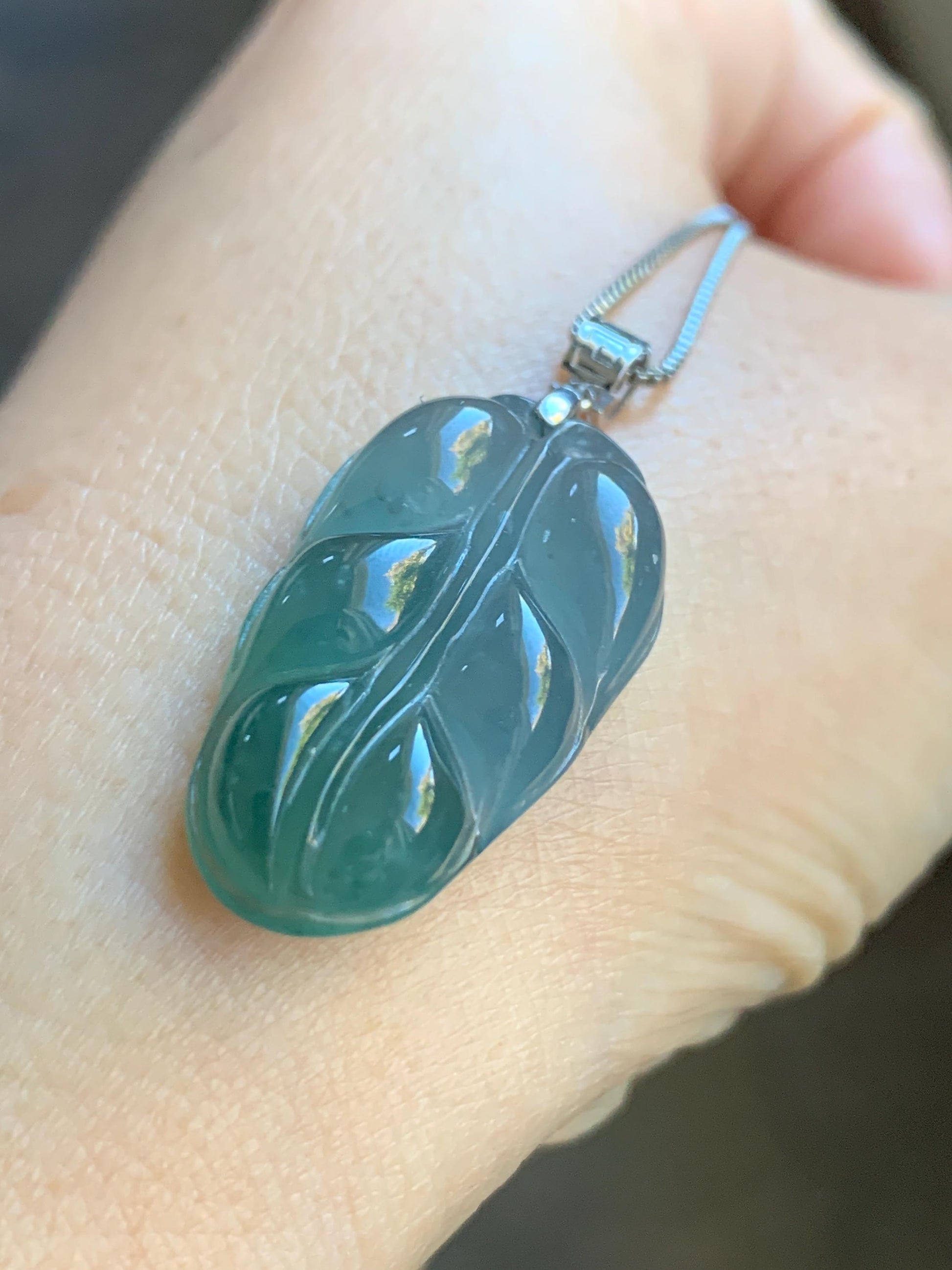 Natural Guatemalan Premium Icy Highly Translucent Light & Teal Blue Jadeite Carved Leaf Pendant 18K White Gold 5g 天然冰危蓝起光翡翠大叶有成镶嵌吊坠 HLZ825Y