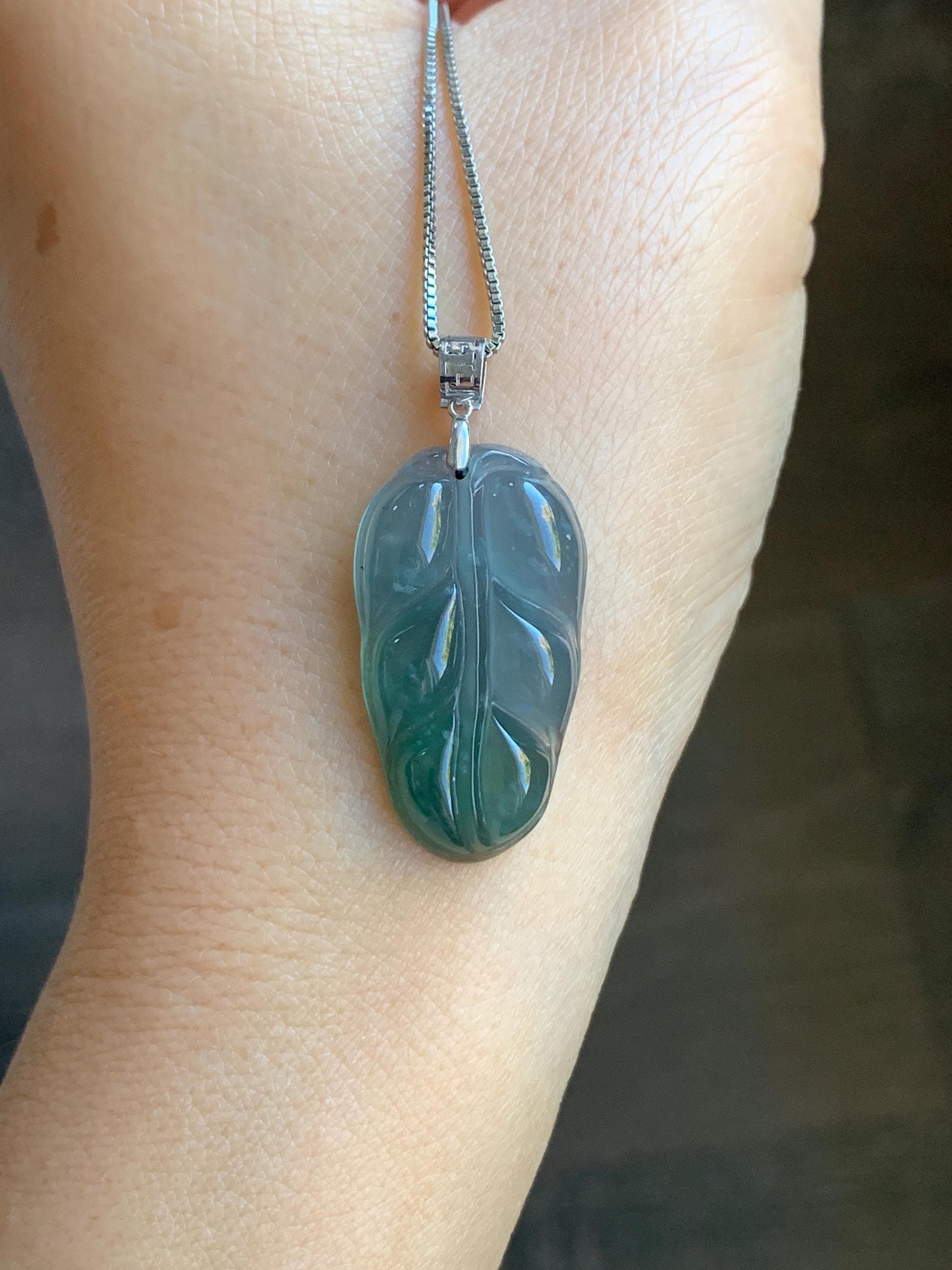 Natural Guatemalan Premium Icy Highly Translucent Light & Teal Blue Jadeite Carved Leaf Pendant 18K White Gold 5g 天然冰危蓝起光翡翠大叶有成镶嵌吊坠 HLZ825Y