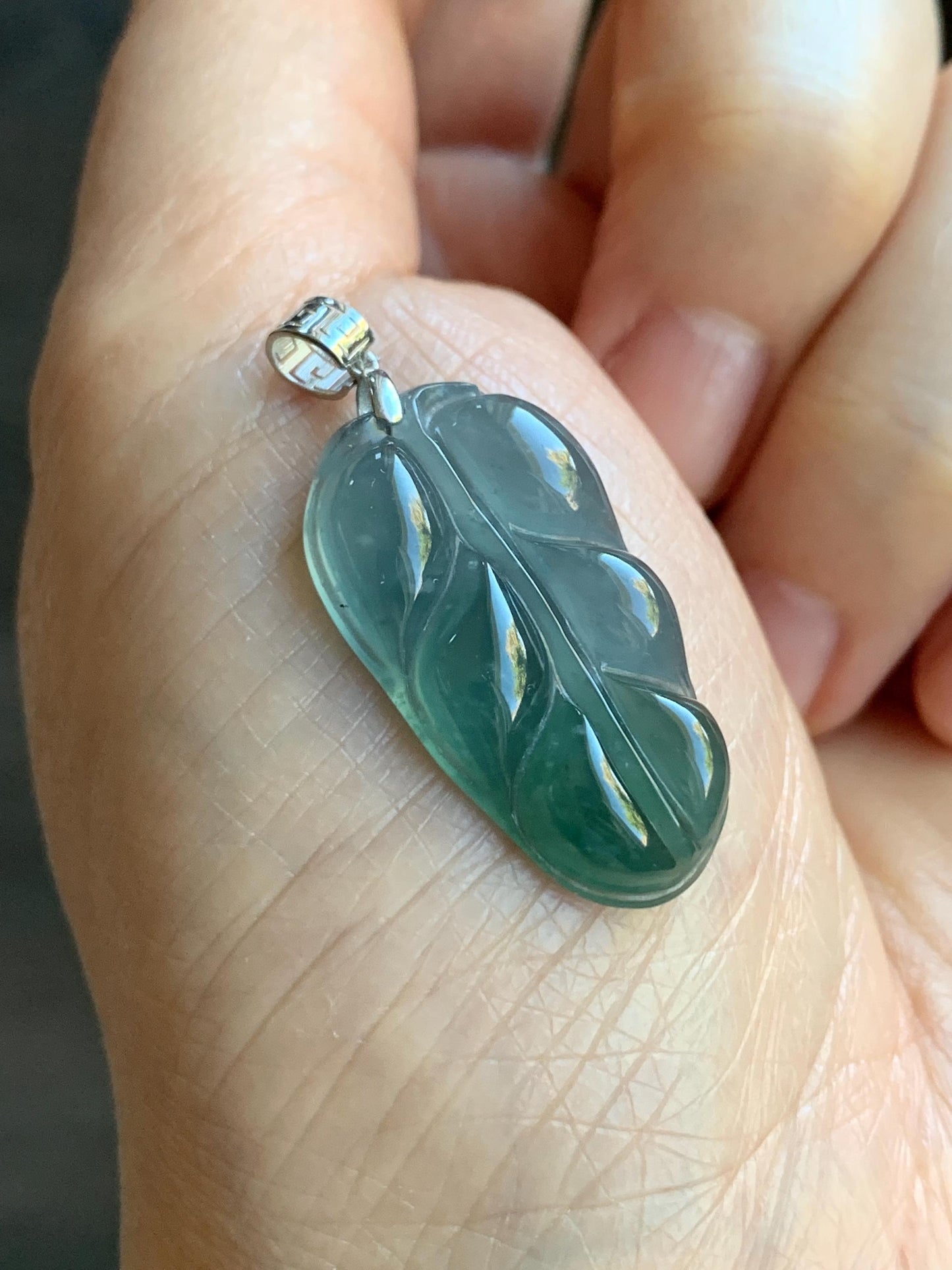 Natural Guatemalan Premium Icy Highly Translucent Light & Teal Blue Jadeite Carved Leaf Pendant 18K White Gold 5g 天然冰危蓝起光翡翠大叶有成镶嵌吊坠 HLZ825Y