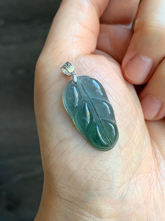 Natural Guatemalan Premium Icy Highly Translucent Light & Teal Blue Jadeite Carved Leaf Pendant 18K White Gold 5g 天然冰危蓝起光翡翠大叶有成镶嵌吊坠 HLZ825Y