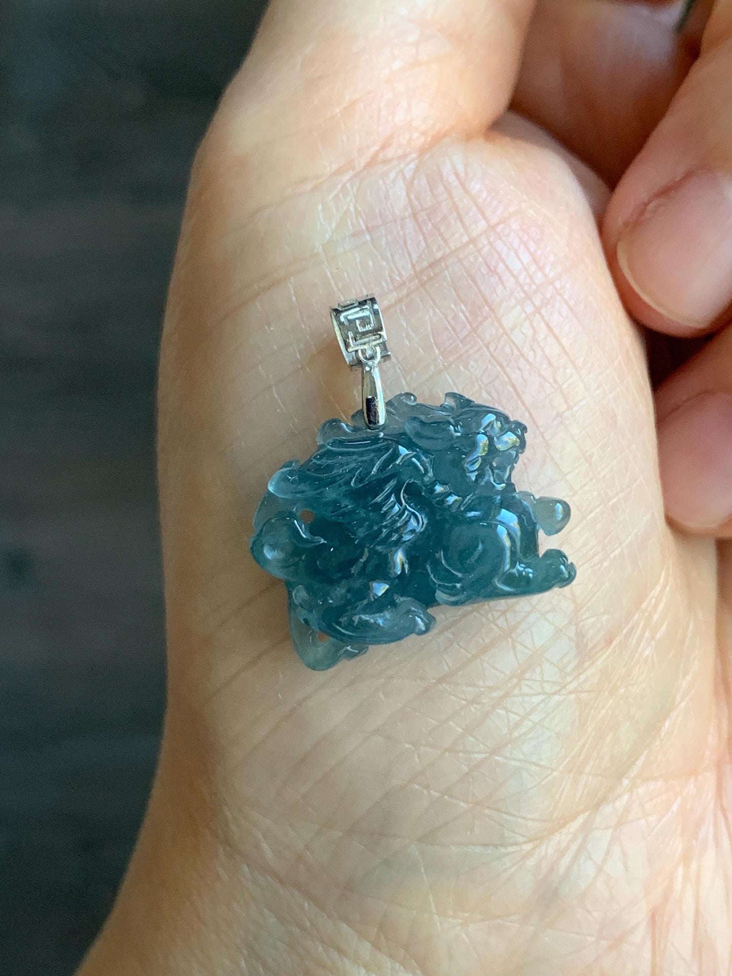 Natural Guatemalan Premium Icy Highly Translucent Gelatinous Blue Jadeite Flying Pixiu Pendant 18K White Gold 4g 天然老种冰胶危蓝翡翠精工飞天貔貅吊坠 XFT1019C