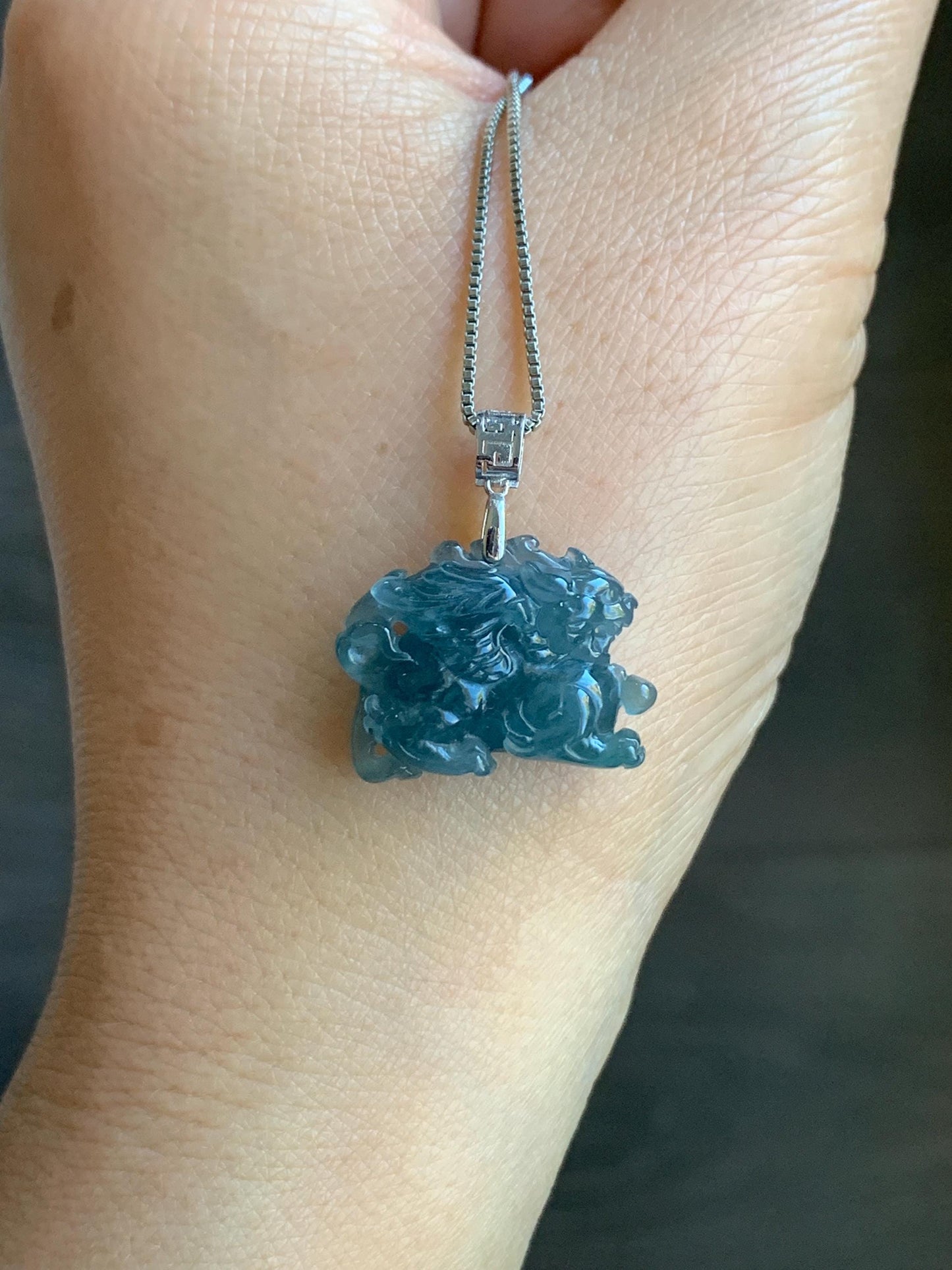 Natural Guatemalan Premium Icy Highly Translucent Gelatinous Blue Jadeite Flying Pixiu Pendant 18K White Gold 4g 天然老种冰胶危蓝翡翠精工飞天貔貅吊坠 XFT1019C