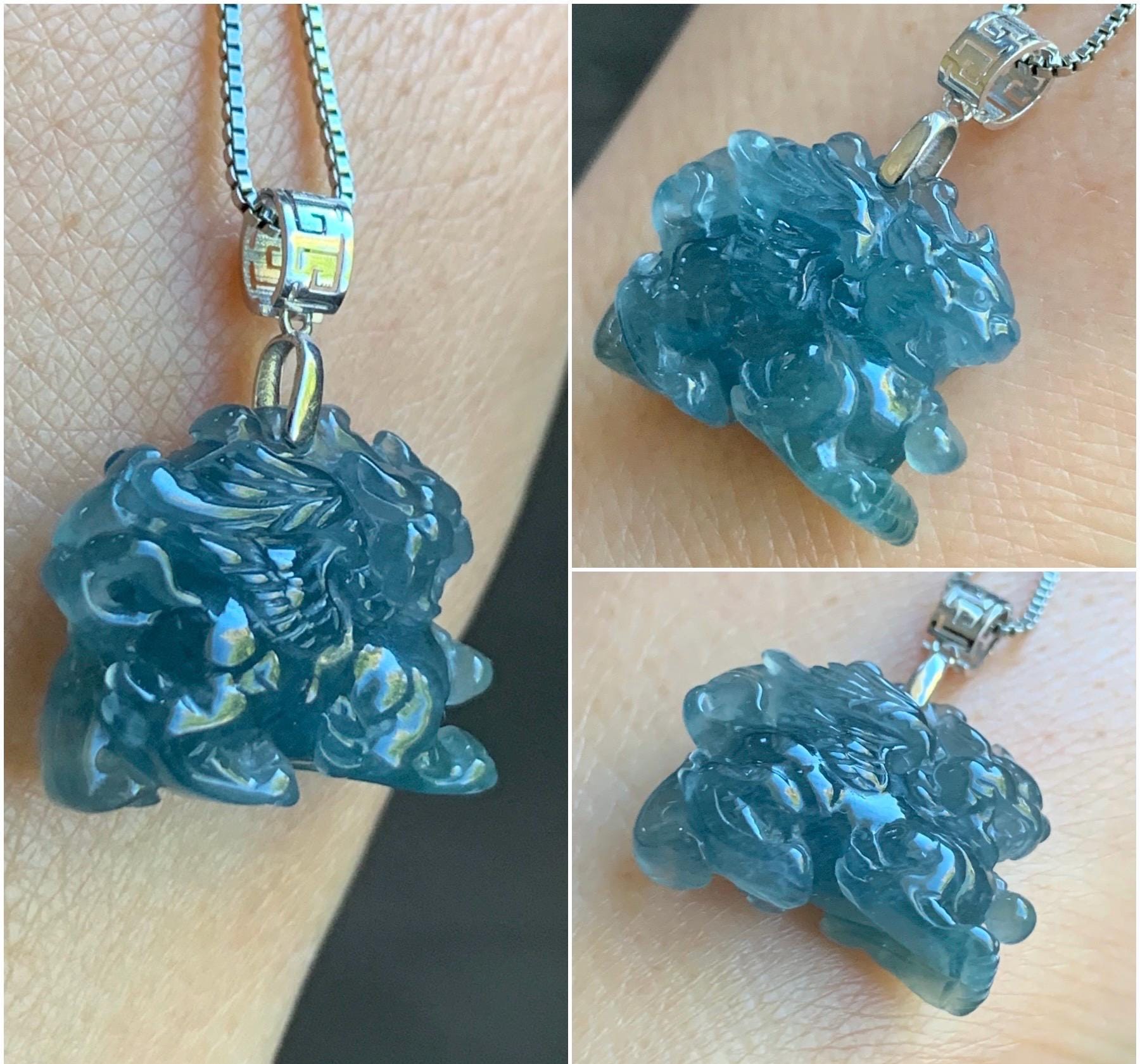 Natural Guatemalan Premium Icy Highly Translucent Gelatinous Blue Jadeite Flying Pixiu Pendant 18K White Gold 4g 天然老种冰胶危蓝翡翠精工飞天貔貅吊坠 XFT1019C