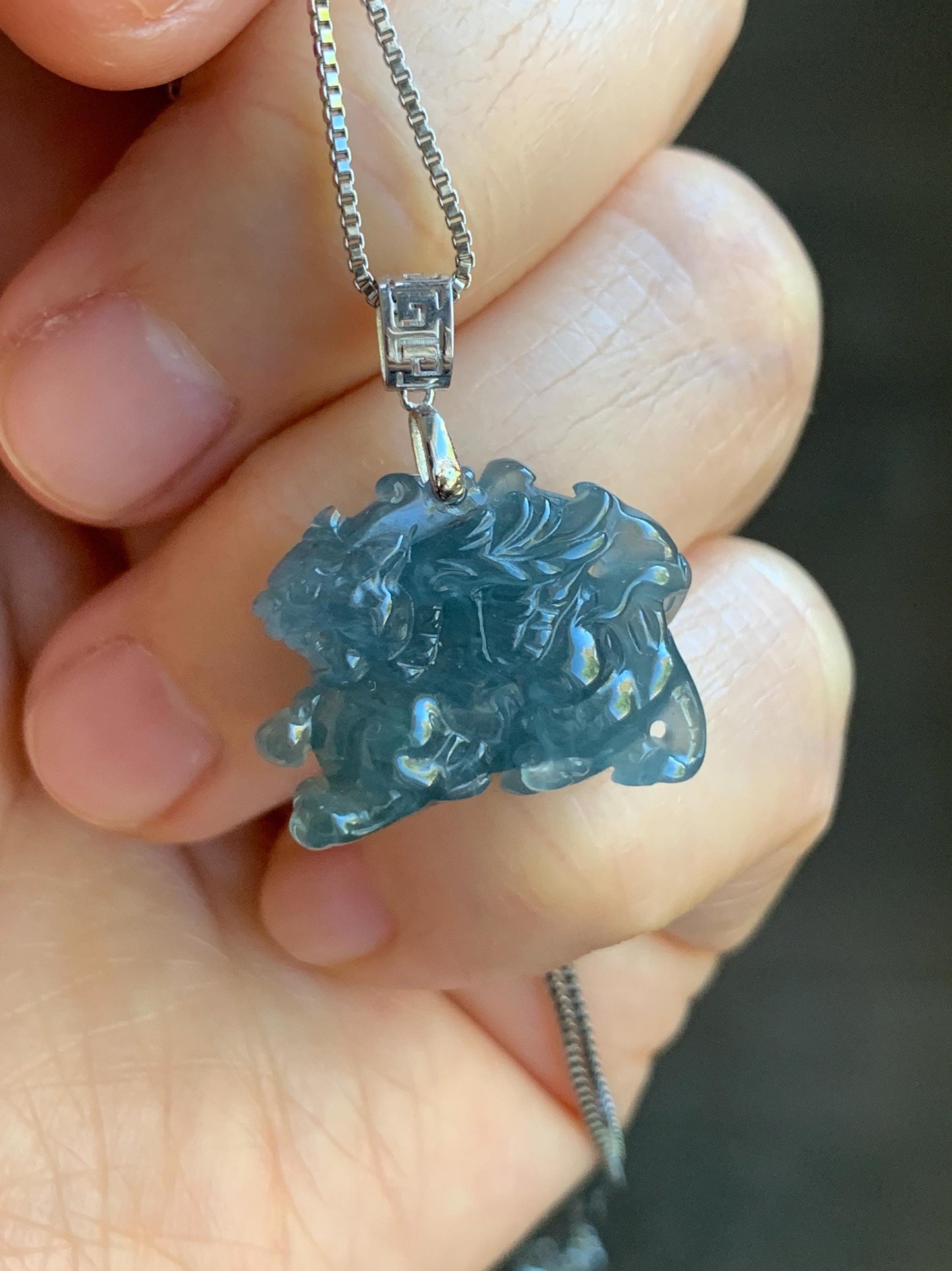 Natural Guatemalan Premium Icy Highly Translucent Gelatinous Blue Jadeite Flying Pixiu Pendant 18K White Gold 4g 天然老种冰胶危蓝翡翠精工飞天貔貅吊坠 XFT1019C