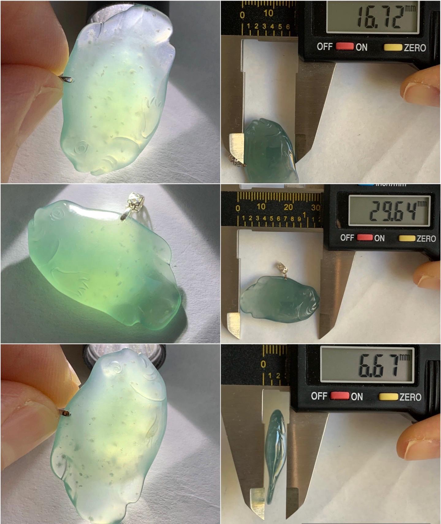 Natural Grade A Guatemalan Icy Translucent Gelatinous Old Mine Teal Blue Jadeite Fish Pendant 18K White Gold 5g 天然老种冰胶危蓝翡翠鱼镶嵌吊坠 B