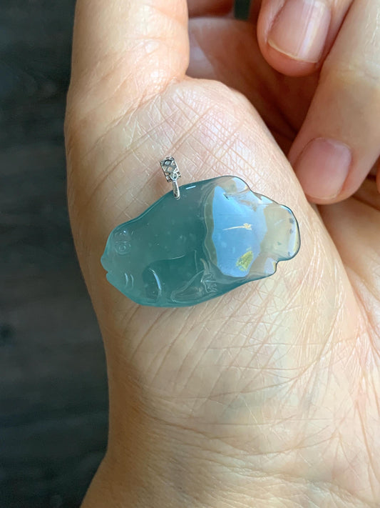 Natural Grade A Guatemalan Icy Translucent Gelatinous Old Mine Teal Blue Jadeite Fish Pendant 18K White Gold 5g 天然老种冰胶危蓝翡翠鱼镶嵌吊坠 B