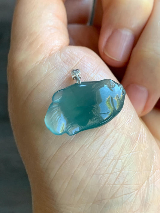 Natural Grade A Guatemalan Icy Translucent Gelatinous Old Mine Teal Blue Jadeite Fish Pendant 18K White Gold 4g 天然老种冰胶危蓝翡翠鱼镶嵌吊坠 A