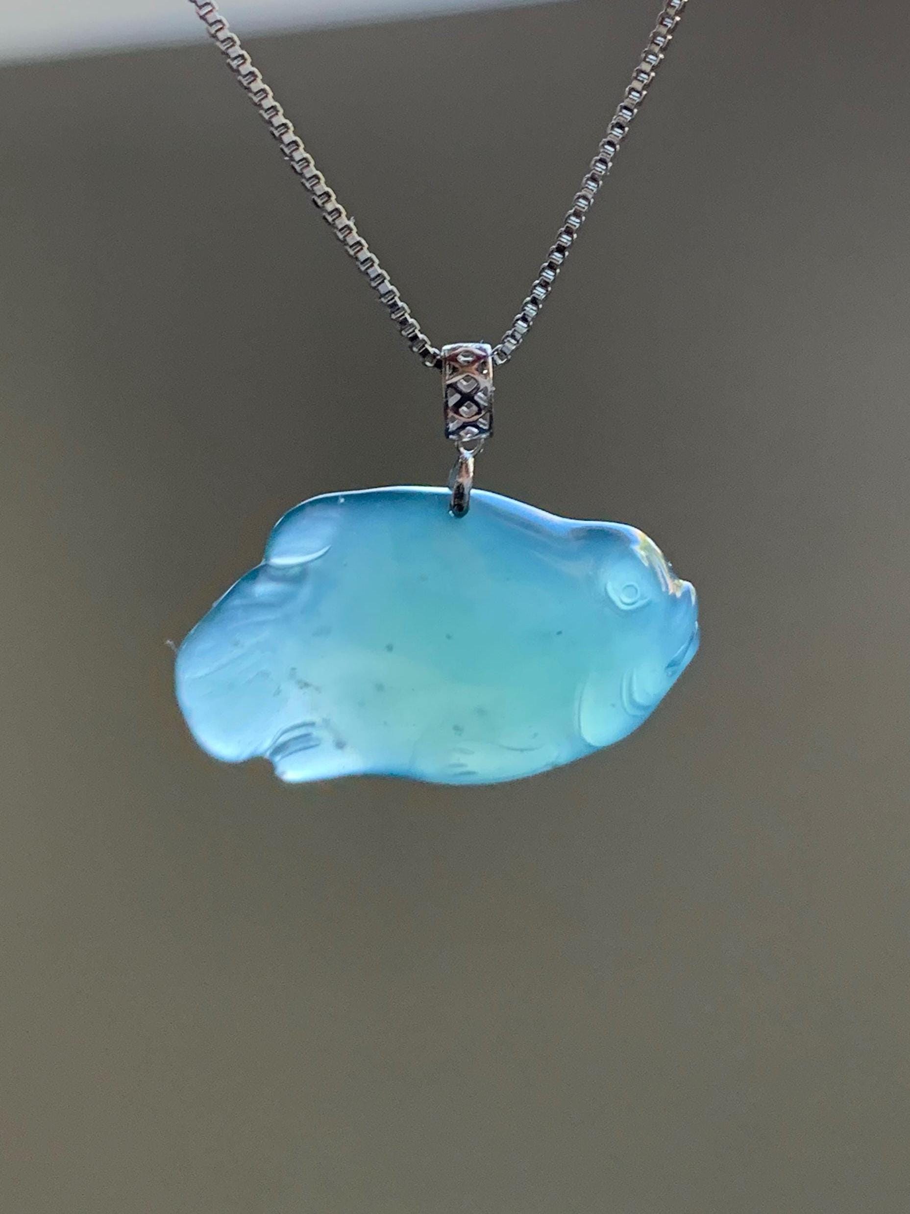 Natural Grade A Guatemalan Icy Translucent Gelatinous Old Mine Teal Blue Jadeite Fish Pendant 18K White Gold 4g 天然老种冰胶危蓝翡翠鱼镶嵌吊坠 A