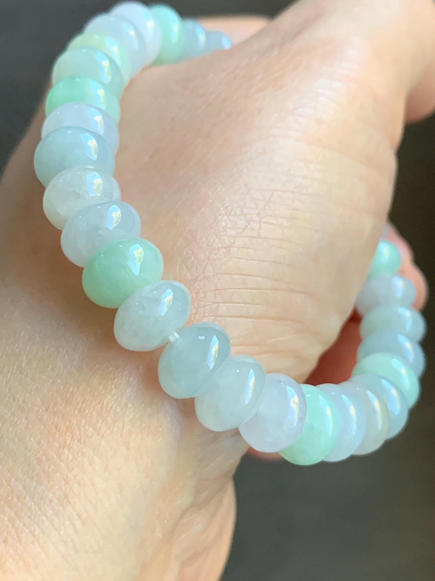 Certified Natural Burmese Icy Translucent Multicolored Jadeite Drum Beads Beaded Bracelet Stretchy 7” 27g 天然缅甸冰胶多宝翡翠鼓珠手串 3009