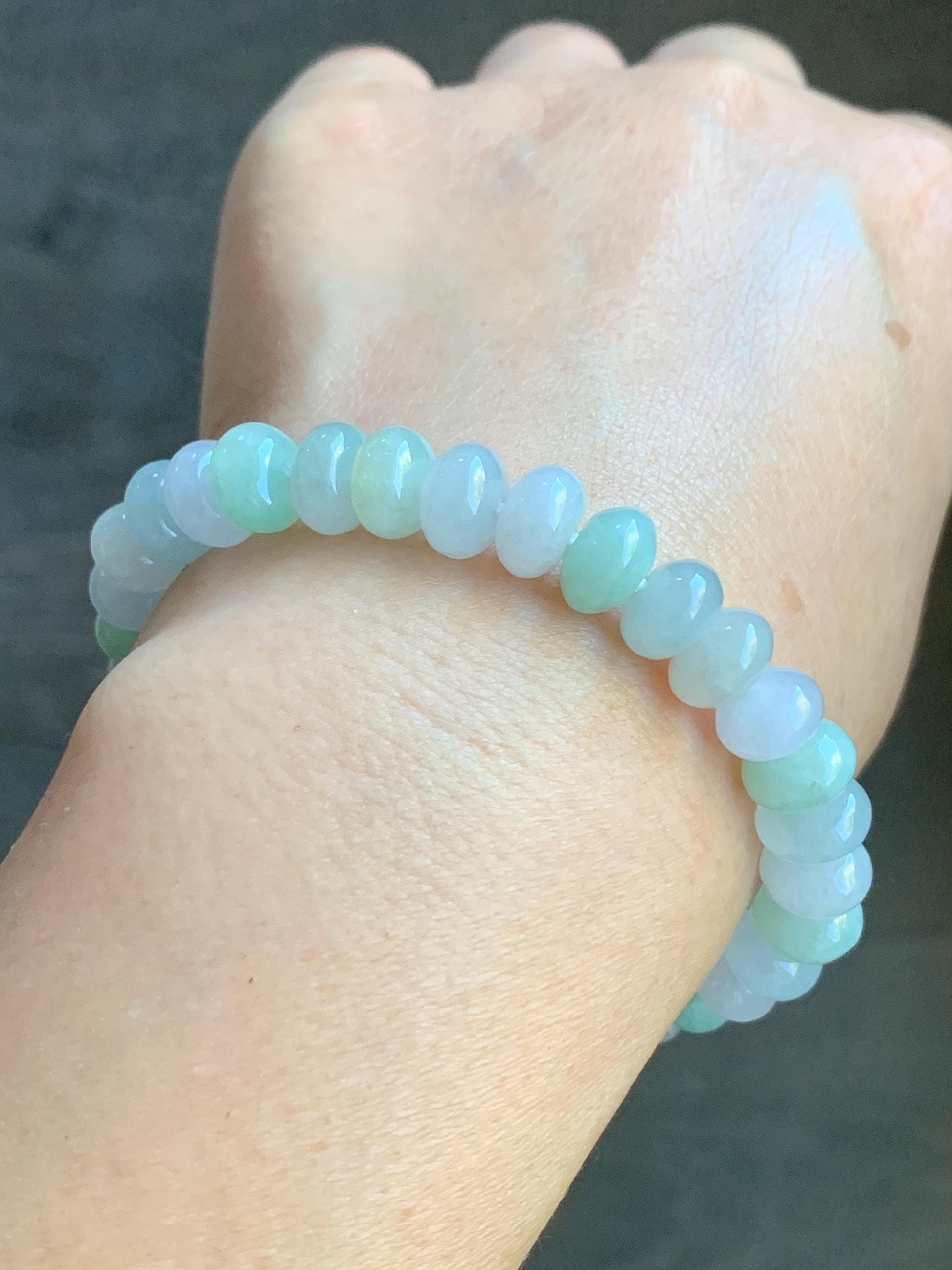 Certified Natural Burmese Icy Translucent Multicolored Jadeite Drum Beads Beaded Bracelet Stretchy 7” 27g 天然缅甸冰胶多宝翡翠鼓珠手串 3009