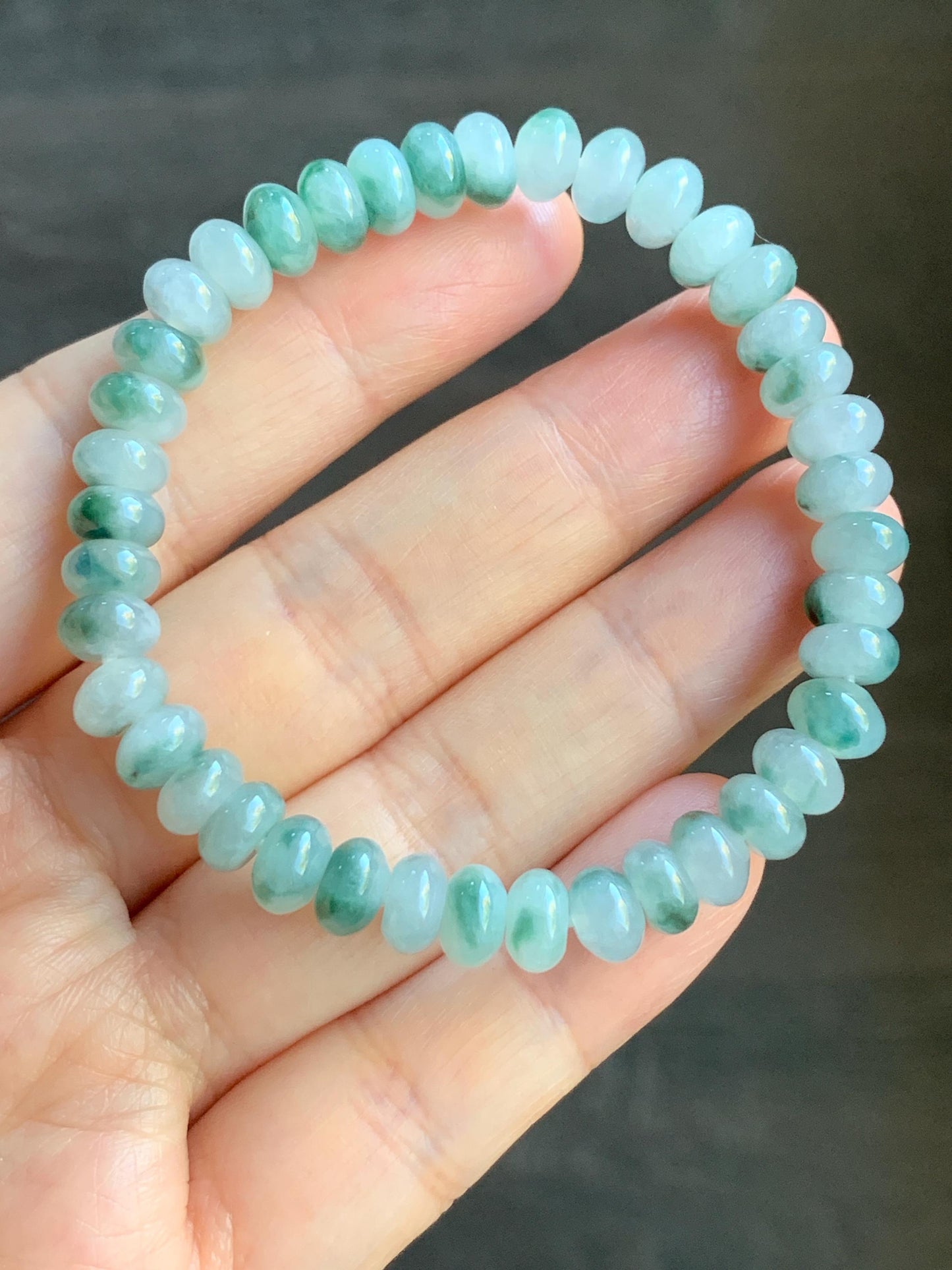 Natural Burmese Icy Translucent Light Green Teal Green Marbled Jadeite Drum Beads Beaded Bracelet Stretchy 6” 15g 天然缅甸冰胶晴色飘花翡翠鼓珠手串 SH919