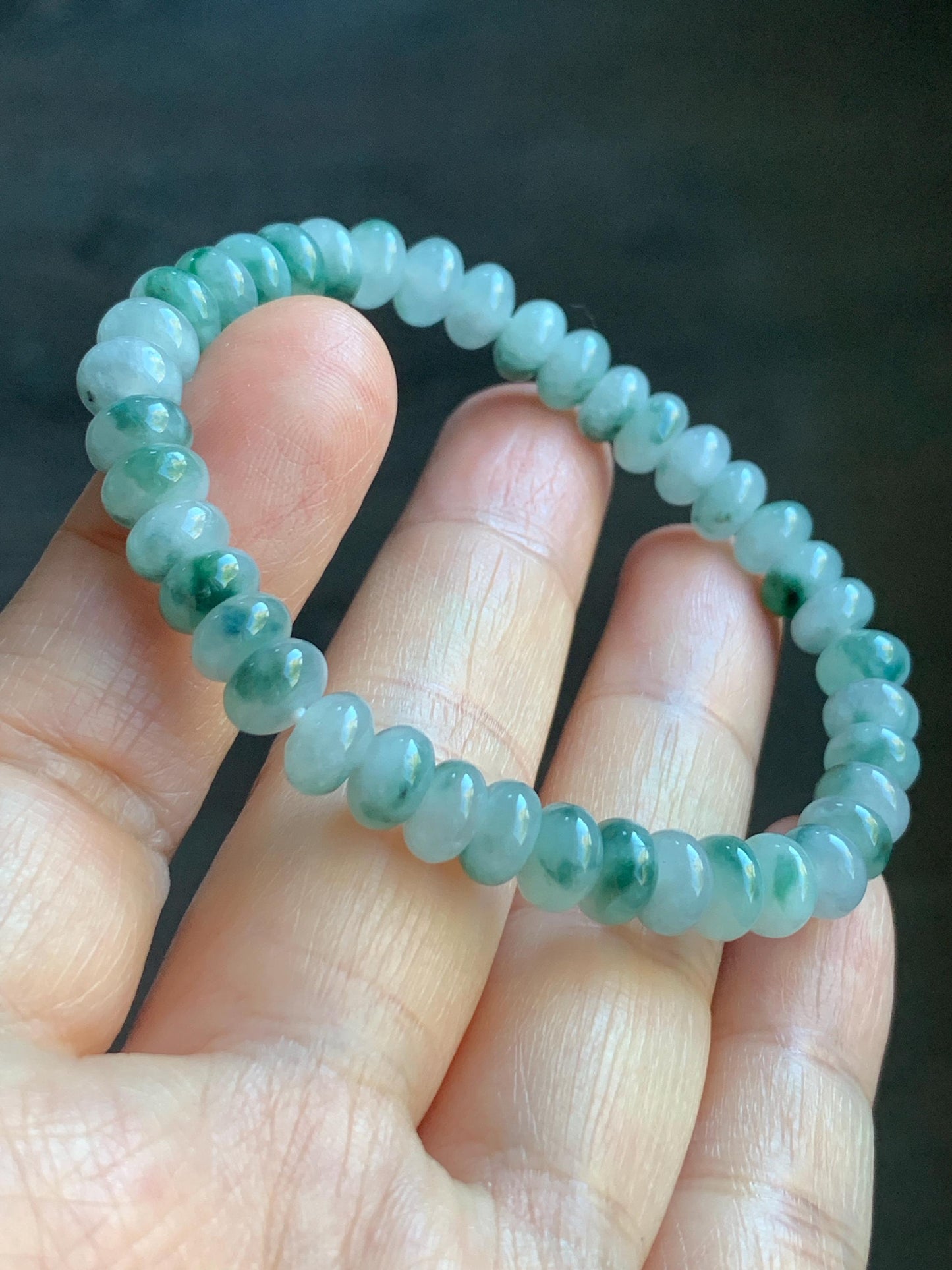 Natural Burmese Icy Translucent Light Green Teal Green Marbled Jadeite Drum Beads Beaded Bracelet Stretchy 6” 15g 天然缅甸冰胶晴色飘花翡翠鼓珠手串 SH919