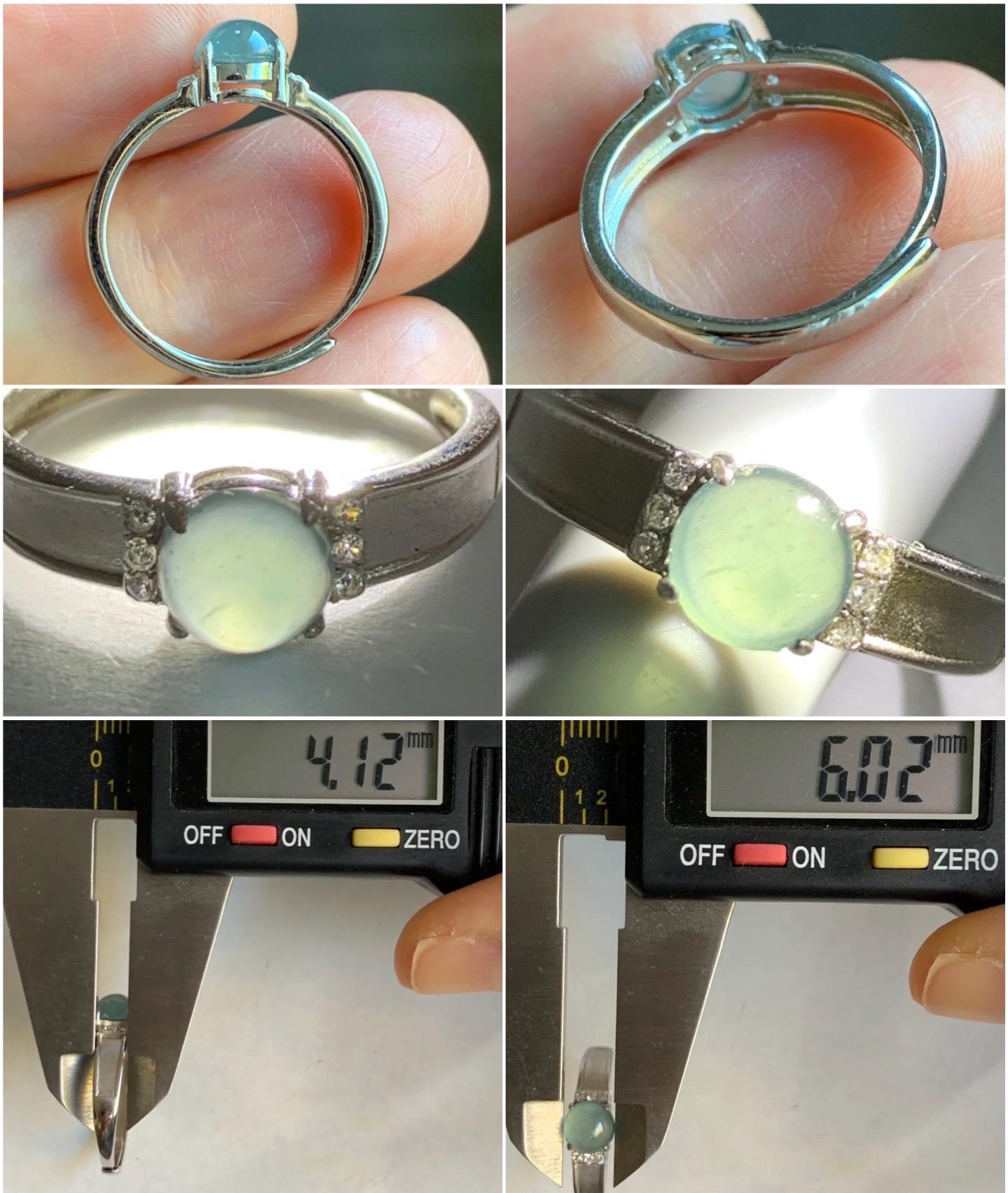 Natural Guatemalan Icy Translucent Pale Teal Blue Jadeite Round Solitaire Ring Sterling Silver Size 7 Adjustable 天然冰危淡蓝翡翠蛋面银镶戒指 WXL73