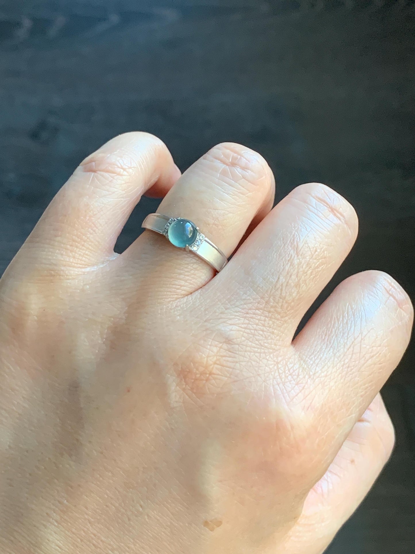 Natural Guatemalan Icy Translucent Pale Teal Blue Jadeite Round Solitaire Ring Sterling Silver Size 7 Adjustable 天然冰危淡蓝翡翠蛋面银镶戒指 WXL73