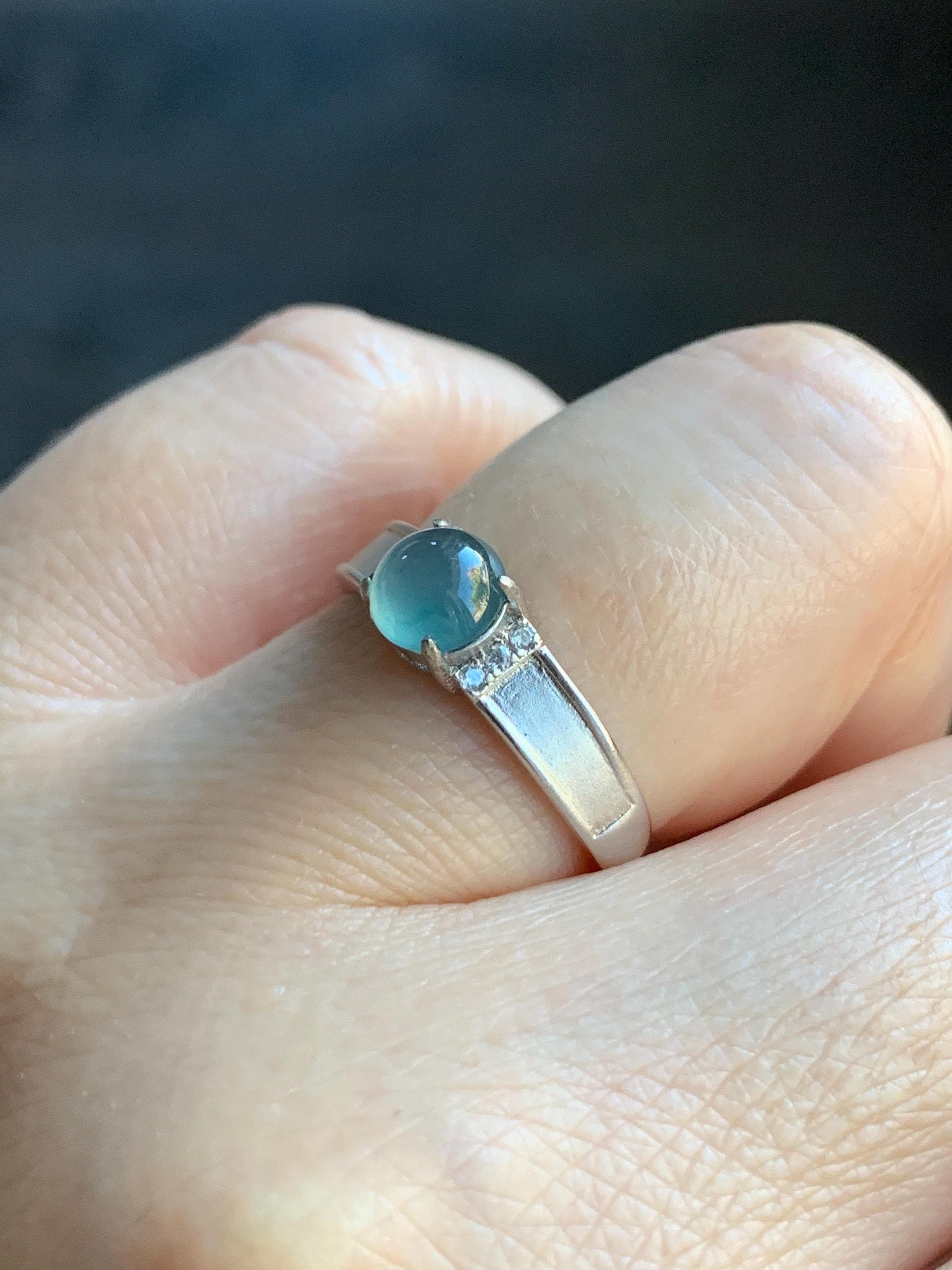 Natural Guatemalan Icy Translucent Pale Teal Blue Jadeite Round Solitaire Ring Sterling Silver Size 7 Adjustable 天然冰危淡蓝翡翠蛋面银镶戒指 WXL73