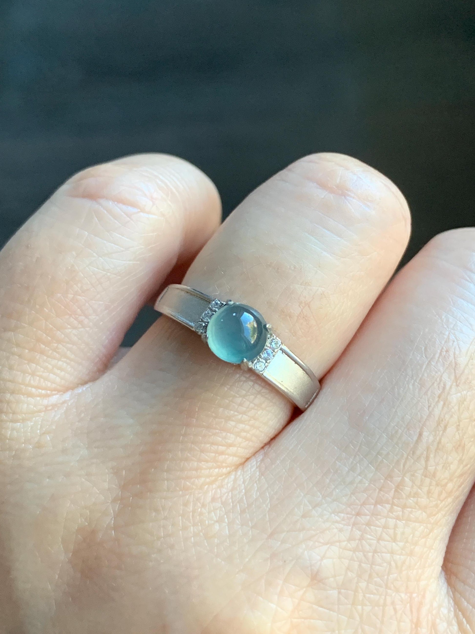 Natural Guatemalan Icy Translucent Pale Teal Blue Jadeite Round Solitaire Ring Sterling Silver Size 7 Adjustable 天然冰危淡蓝翡翠蛋面银镶戒指 WXL73