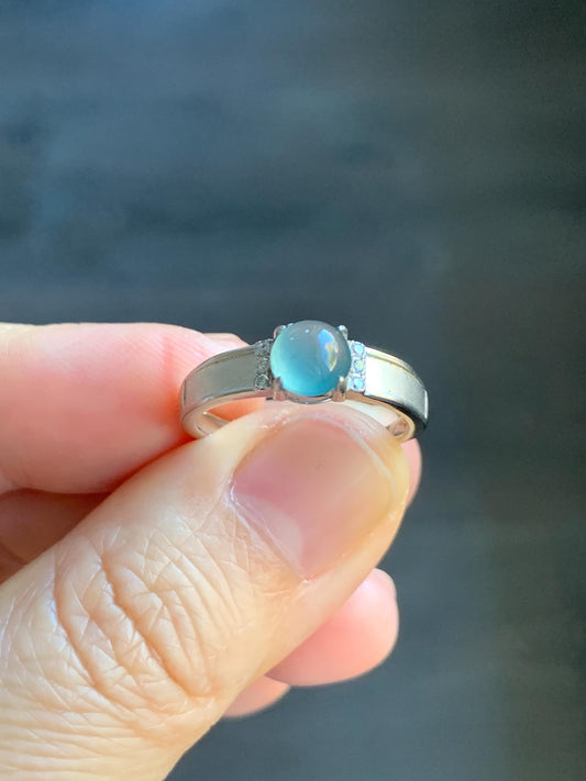 Natural Guatemalan Icy Translucent Pale Teal Blue Jadeite Round Solitaire Ring Sterling Silver Size 7 Adjustable 天然冰危淡蓝翡翠蛋面银镶戒指 WXL73