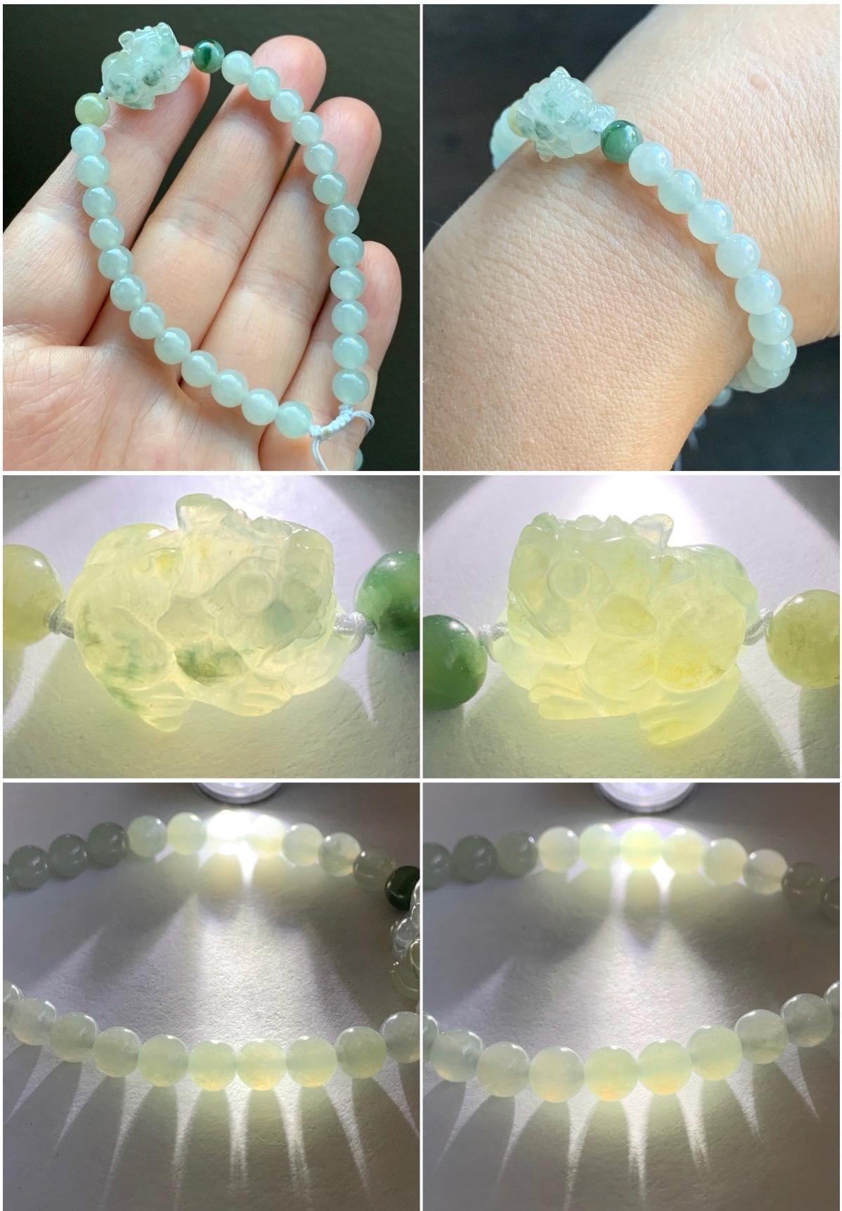 Natural Burmese Icy Translucent Gelatinous Light Beige Teal Green Marbled Jadeite Pixiu Beaded Bracelet 6mm 6.75” 12g 天然缅甸冰胶冰黄飘花翡翠貔貅手串