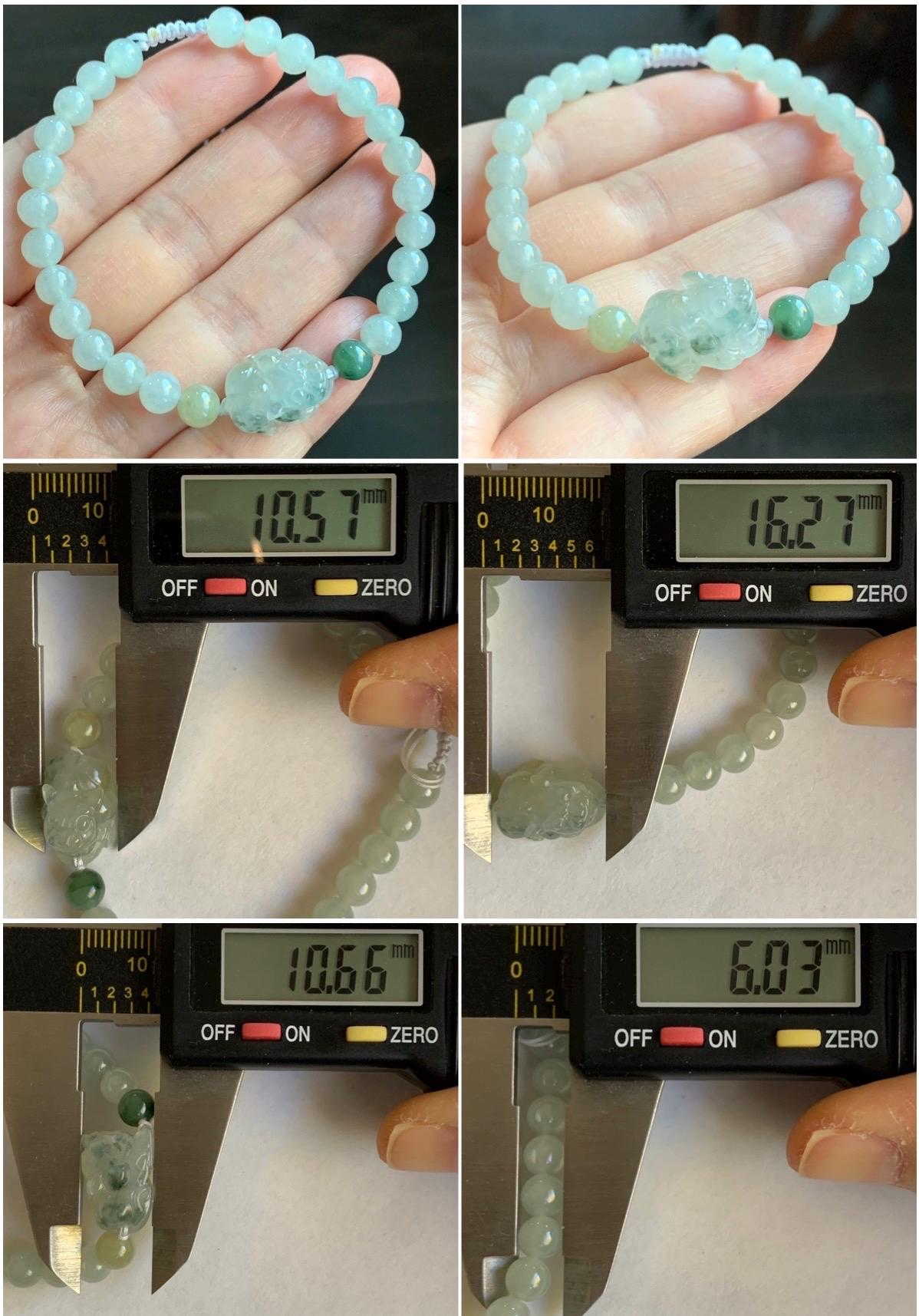 Natural Burmese Icy Translucent Gelatinous Light Beige Teal Green Marbled Jadeite Pixiu Beaded Bracelet 6mm 6.75” 12g 天然缅甸冰胶冰黄飘花翡翠貔貅手串