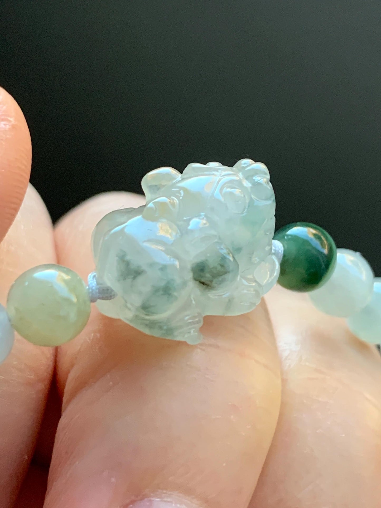 Natural Burmese Icy Translucent Gelatinous Light Beige Teal Green Marbled Jadeite Pixiu Beaded Bracelet 6mm 6.75” 12g 天然缅甸冰胶冰黄飘花翡翠貔貅手串