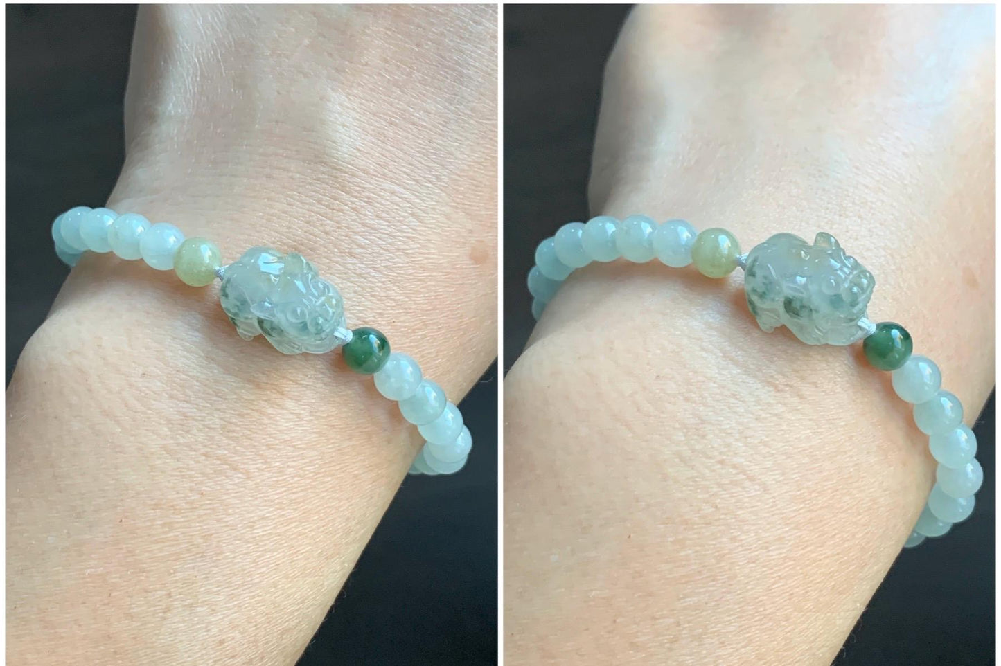 Natural Burmese Icy Translucent Gelatinous Light Beige Teal Green Marbled Jadeite Pixiu Beaded Bracelet 6mm 6.75” 12g 天然缅甸冰胶冰黄飘花翡翠貔貅手串