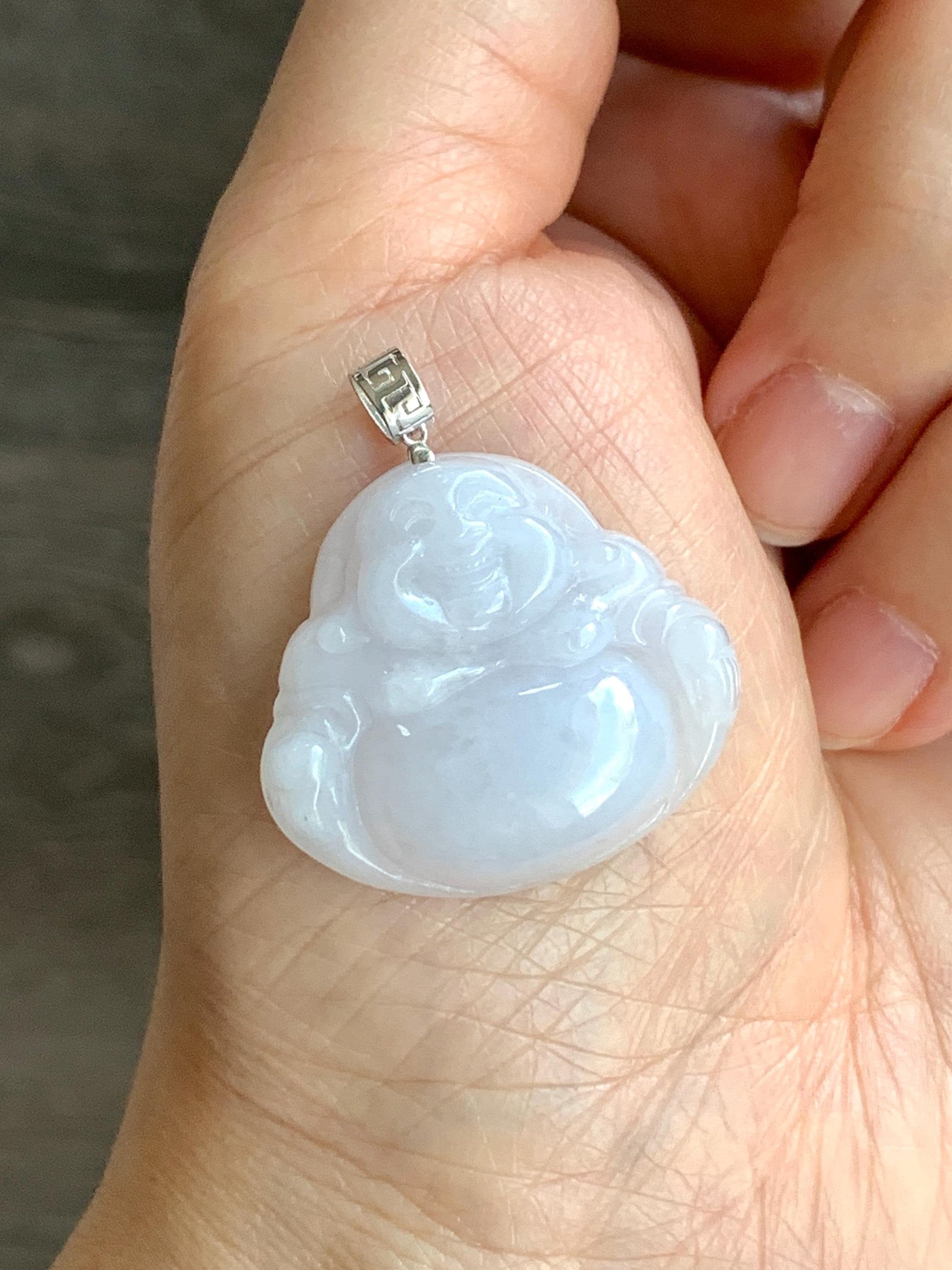 Natural Burmese Icy Translucent White Jadeite Carved Buddha Pendant 18K White Gold Bail 7g 天然缅甸细糯白冰紫底翡翠佛公镶嵌吊坠 A