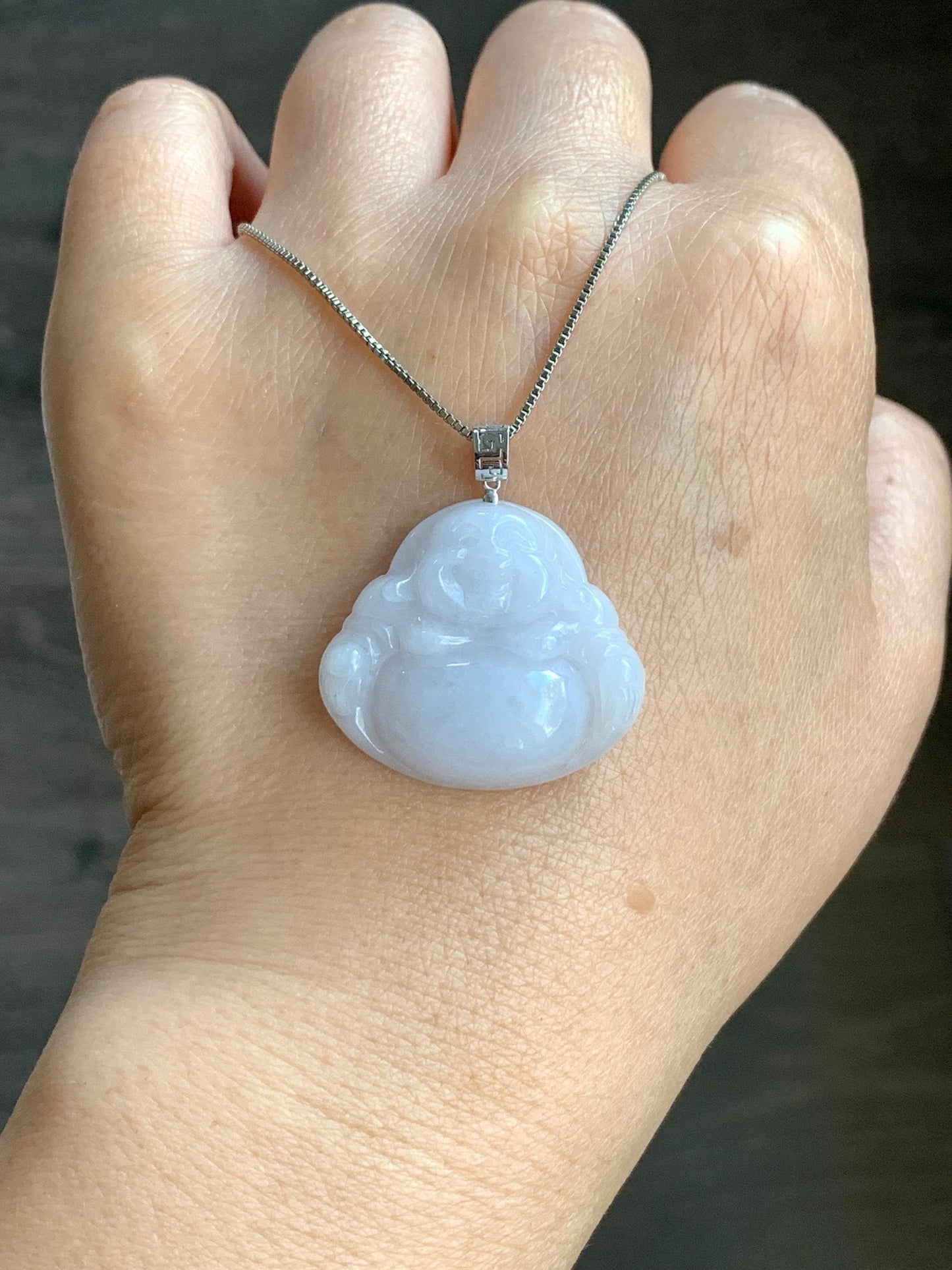 Natural Burmese Icy Translucent White Jadeite Carved Buddha Pendant 18K White Gold Bail 7g 天然缅甸细糯白冰紫底翡翠佛公镶嵌吊坠 A