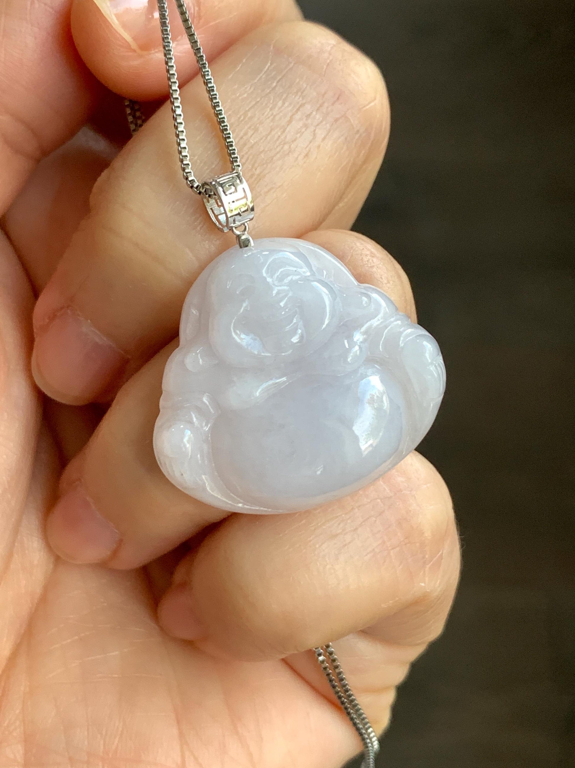 Natural Burmese Icy Translucent White Jadeite Carved Buddha Pendant 18K White Gold Bail 7g 天然缅甸细糯白冰紫底翡翠佛公镶嵌吊坠 A