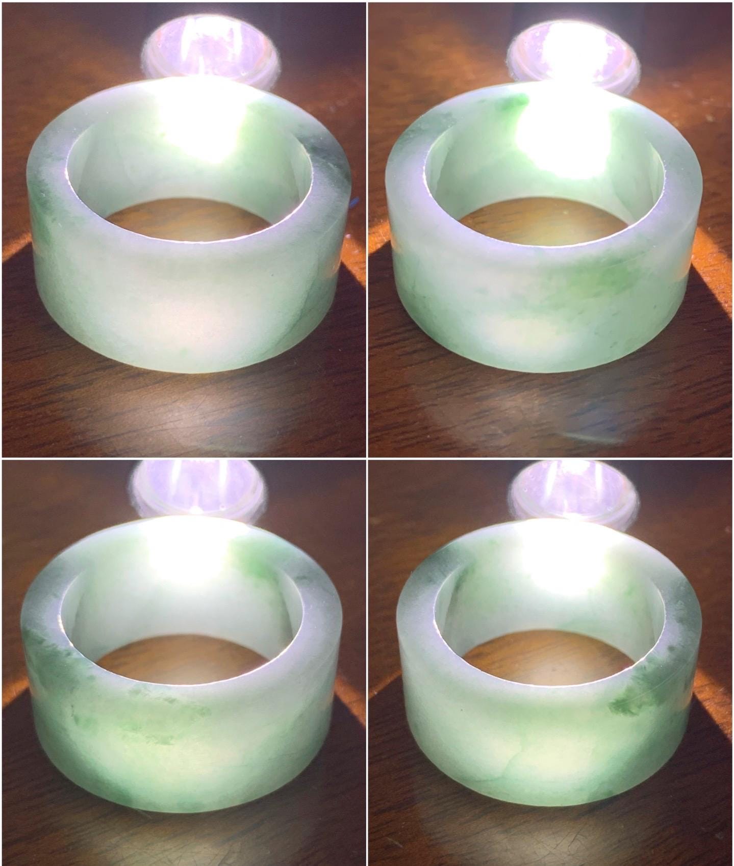 Natural Guatemalan Icy Translucent Light Dusty Blue Dark Green Marbled Jadeite Wide Banzhi Band Ring Size 12.5 12g 天然危淡蓝飘花翡翠扳指戒圈