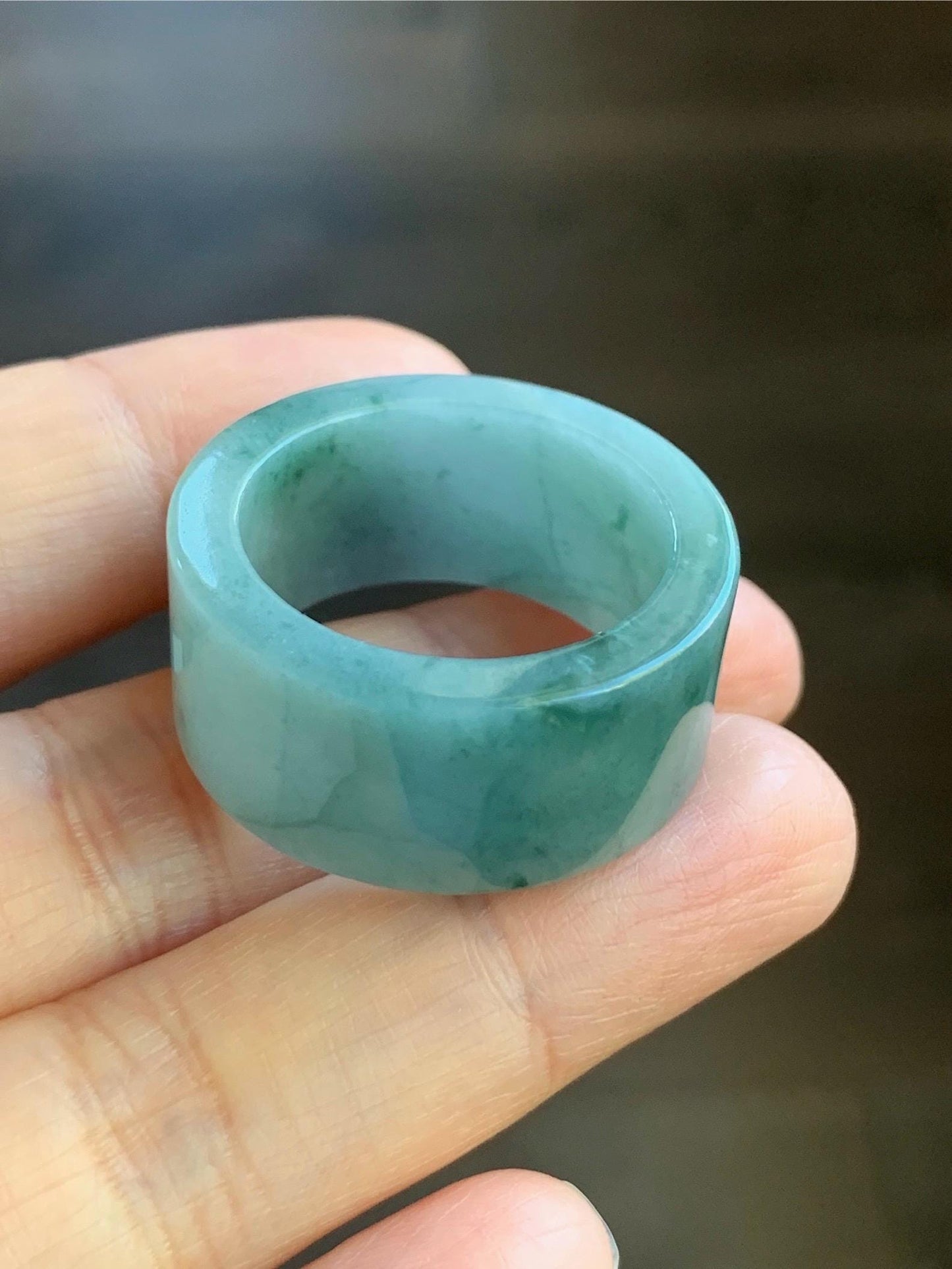 Natural Guatemalan Icy Translucent Light Dusty Blue Dark Green Marbled Jadeite Wide Banzhi Band Ring Size 12.5 12g 天然危淡蓝飘花翡翠扳指戒圈